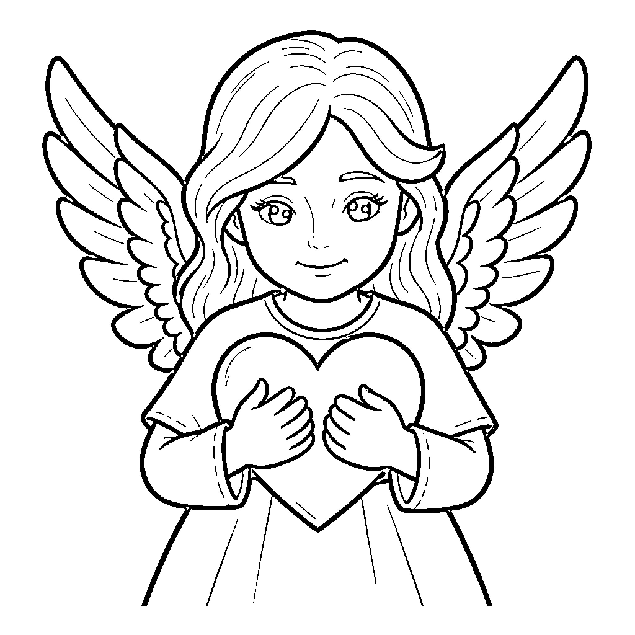 Angel smiling while holding a large heart Coloring Page (free black-and-white line drawing printable PDF for all, from beginners to advanced learners, including children, teens, adults, and seniors)