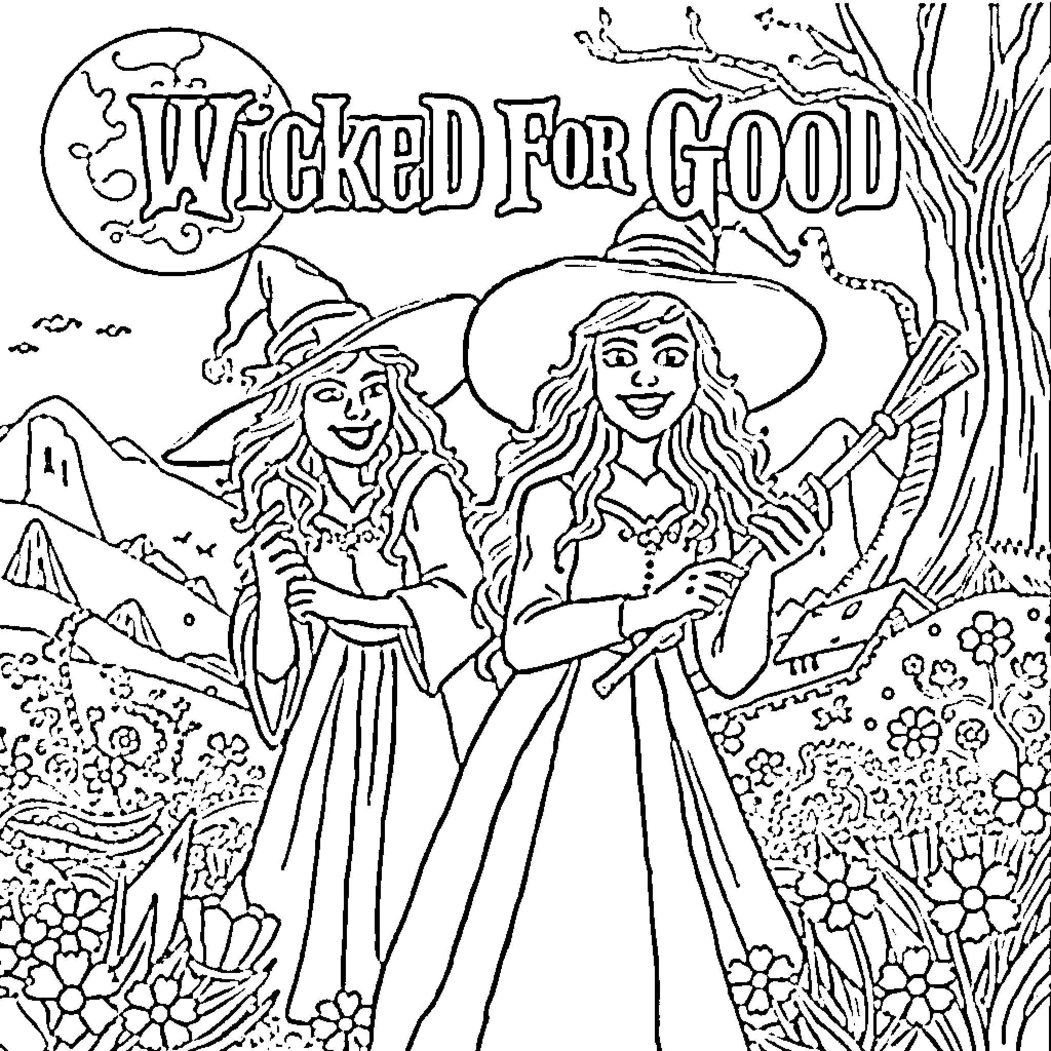 Wicked Witches in the Enchanted Forest Coloring Page (free black-and-white line drawing printable PDF for all, from beginners to advanced learners, including children, teens, adults, and seniors)