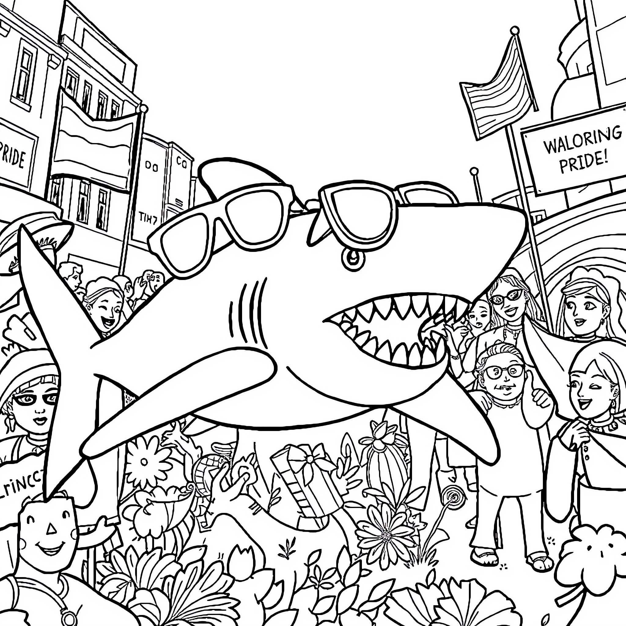Shark celebrating Pride with a colorful crowd Coloring Page (free black-and-white line drawing printable PDF for all, from beginners to advanced learners, including children, teens, adults, and seniors)