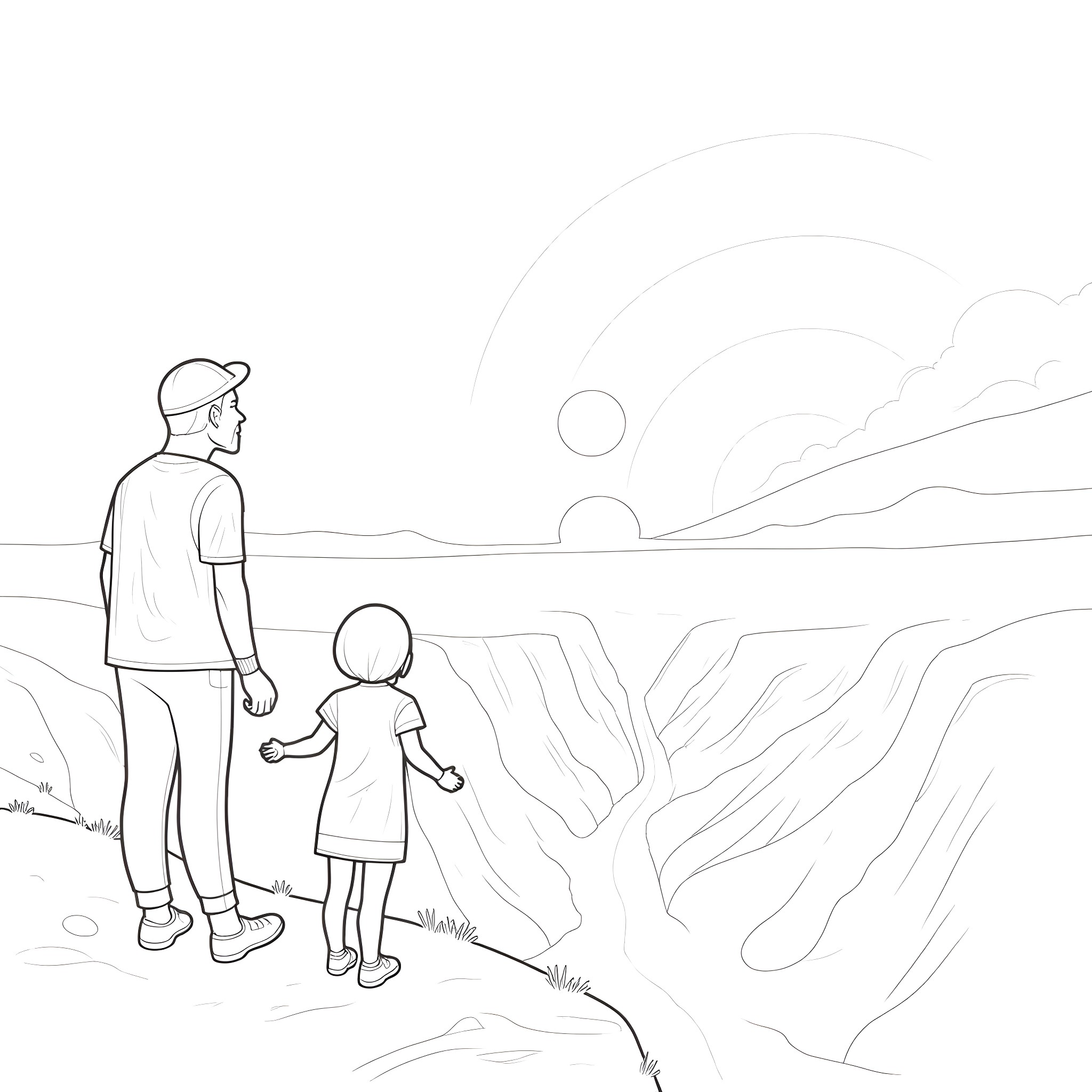 Family enjoying nature together Coloring Page (free black-and-white line drawing printable PDF for all, from beginners to advanced learners, including children, teens, adults, and seniors)