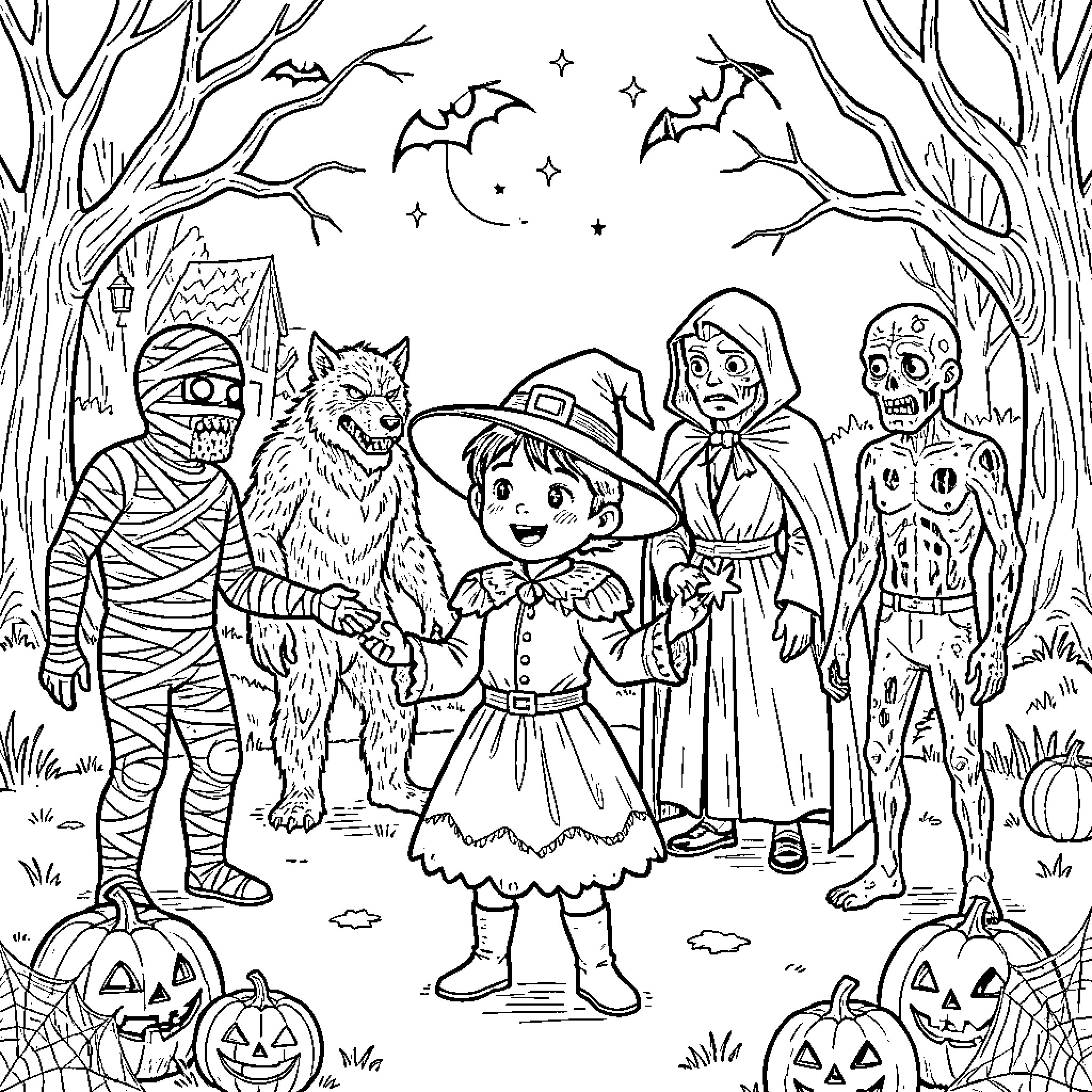 Halloween characters dancing together in a spooky forest Coloring Page (free black-and-white line drawing printable PDF for all, from beginners to advanced learners, including children, teens, adults, and seniors)