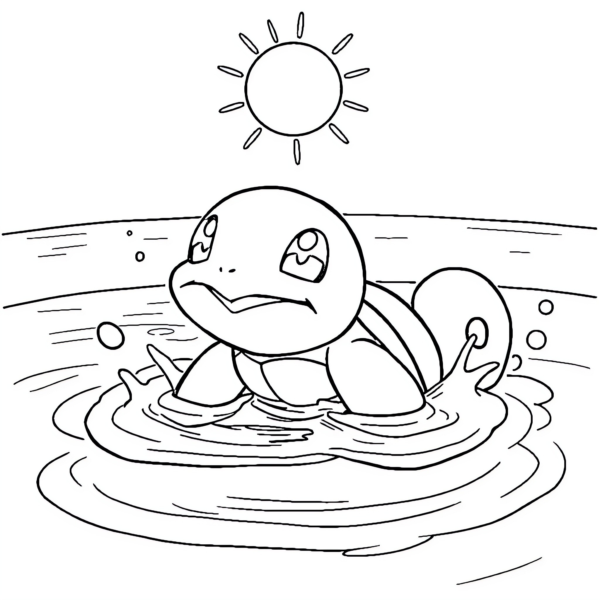 Squirtle enjoying the sun by the water Coloring Page (free black-and-white line drawing printable PDF for all, from beginners to advanced learners, including children, teens, adults, and seniors)