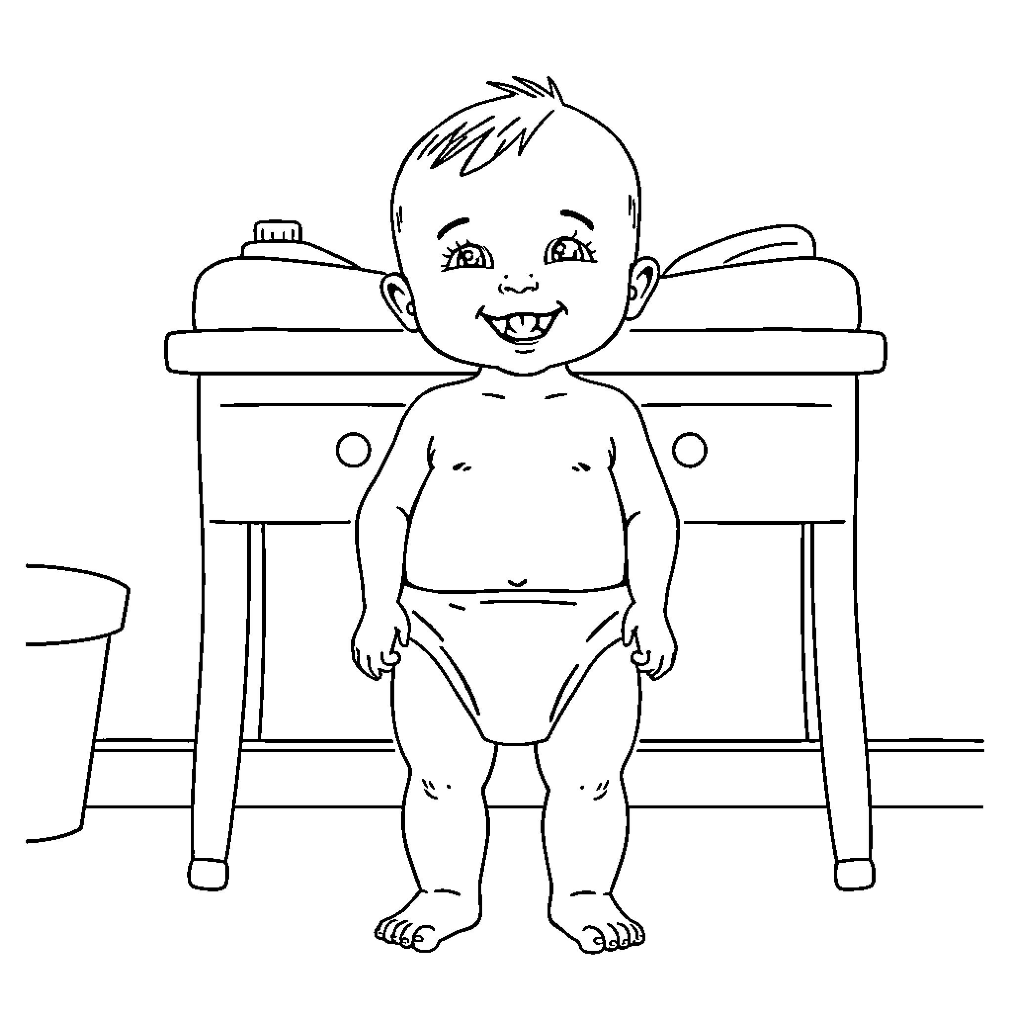 Baby smiling happily in a changing table Coloring Page (free black-and-white line drawing printable PDF for all, from beginners to advanced learners, including children, teens, adults, and seniors)