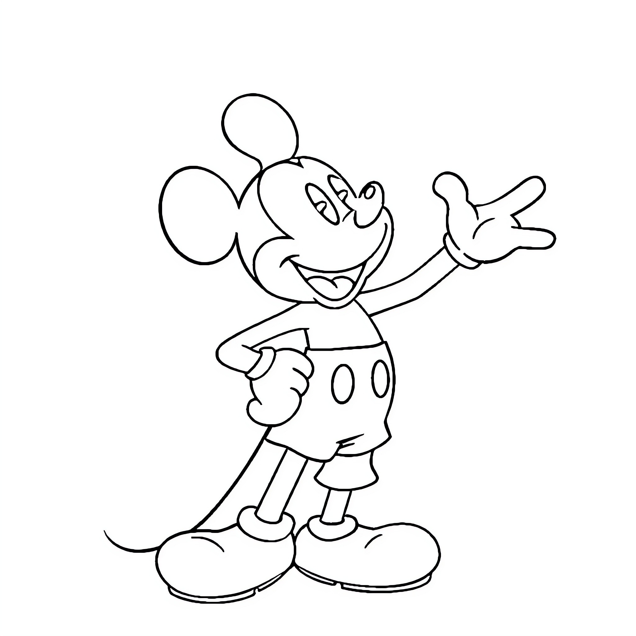 Mickey Mouse waving and smiling cheerfully Coloring Page (free black-and-white line drawing printable PDF for all, from beginners to advanced learners, including children, teens, adults, and seniors)