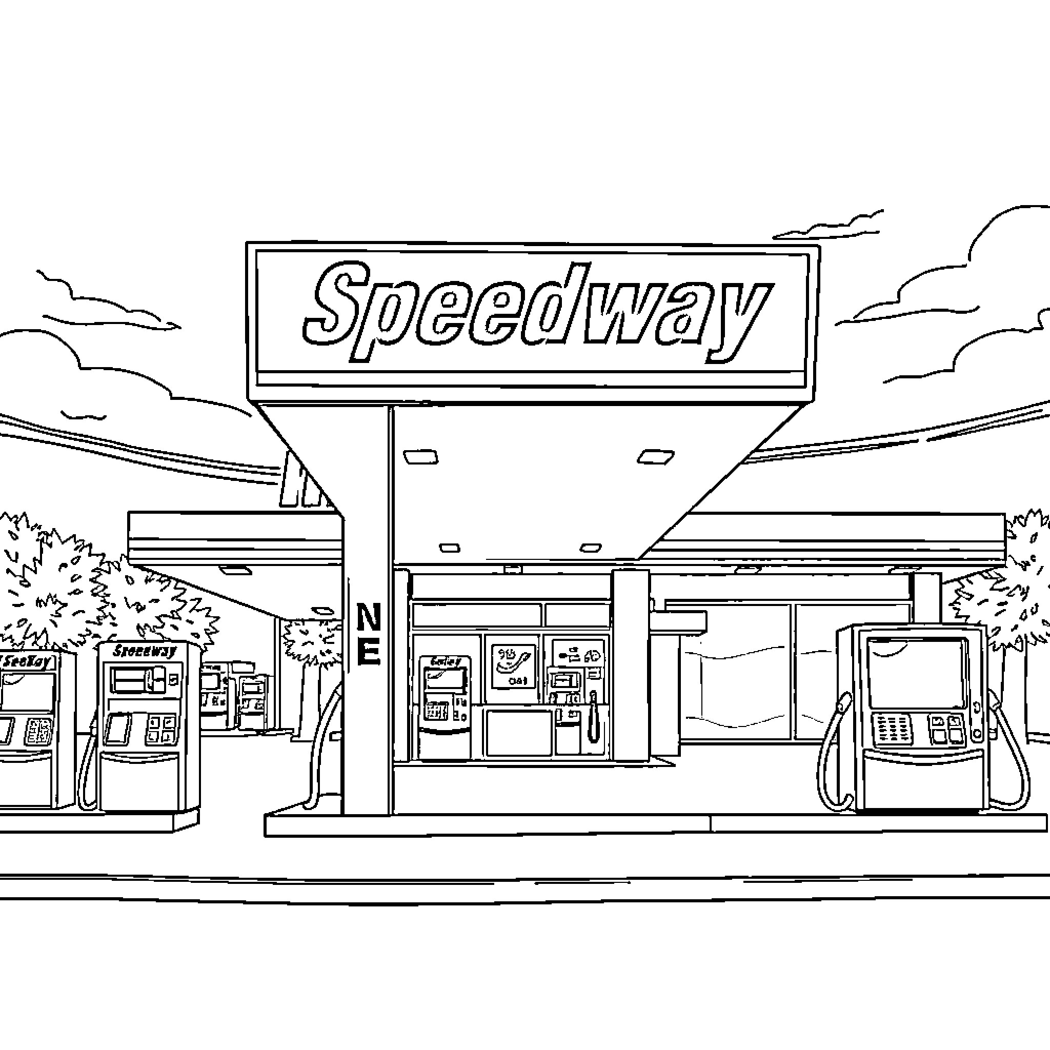 Gas Station with Fuel Pumps and Convenience Store Coloring Page (free black-and-white line drawing printable PDF for all, from beginners to advanced learners, including children, teens, adults, and seniors)