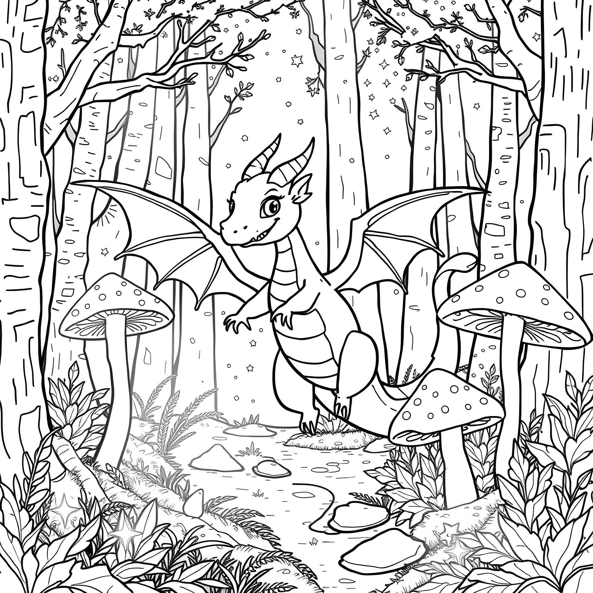 Dragon exploring the mystical forest Coloring Page (free black-and-white line drawing printable PDF for all, from beginners to advanced learners, including children, teens, adults, and seniors)