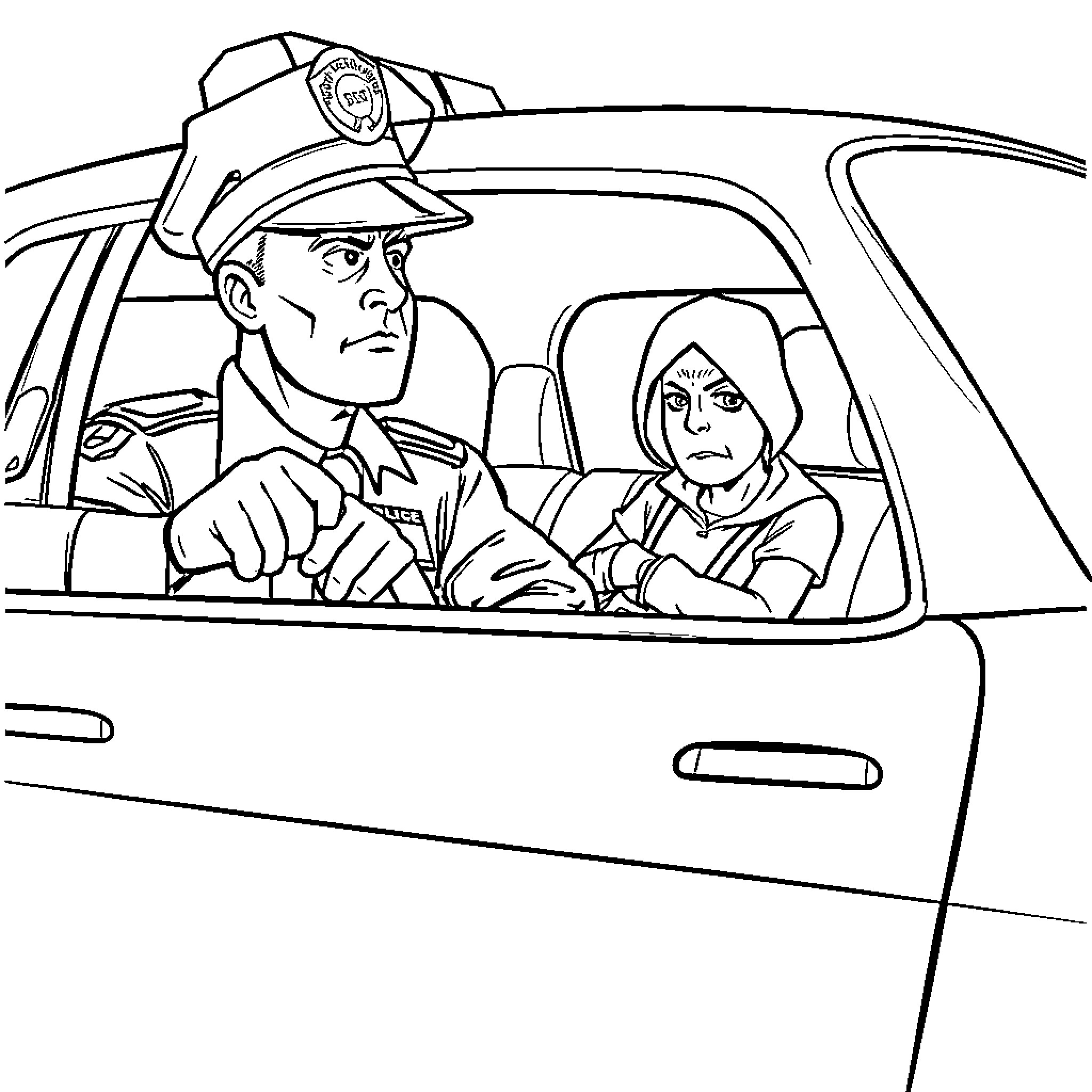 Police Car Officers Interacting in Vehicle Coloring Page (free black-and-white line drawing printable PDF for all, from beginners to advanced learners, including children, teens, adults, and seniors)