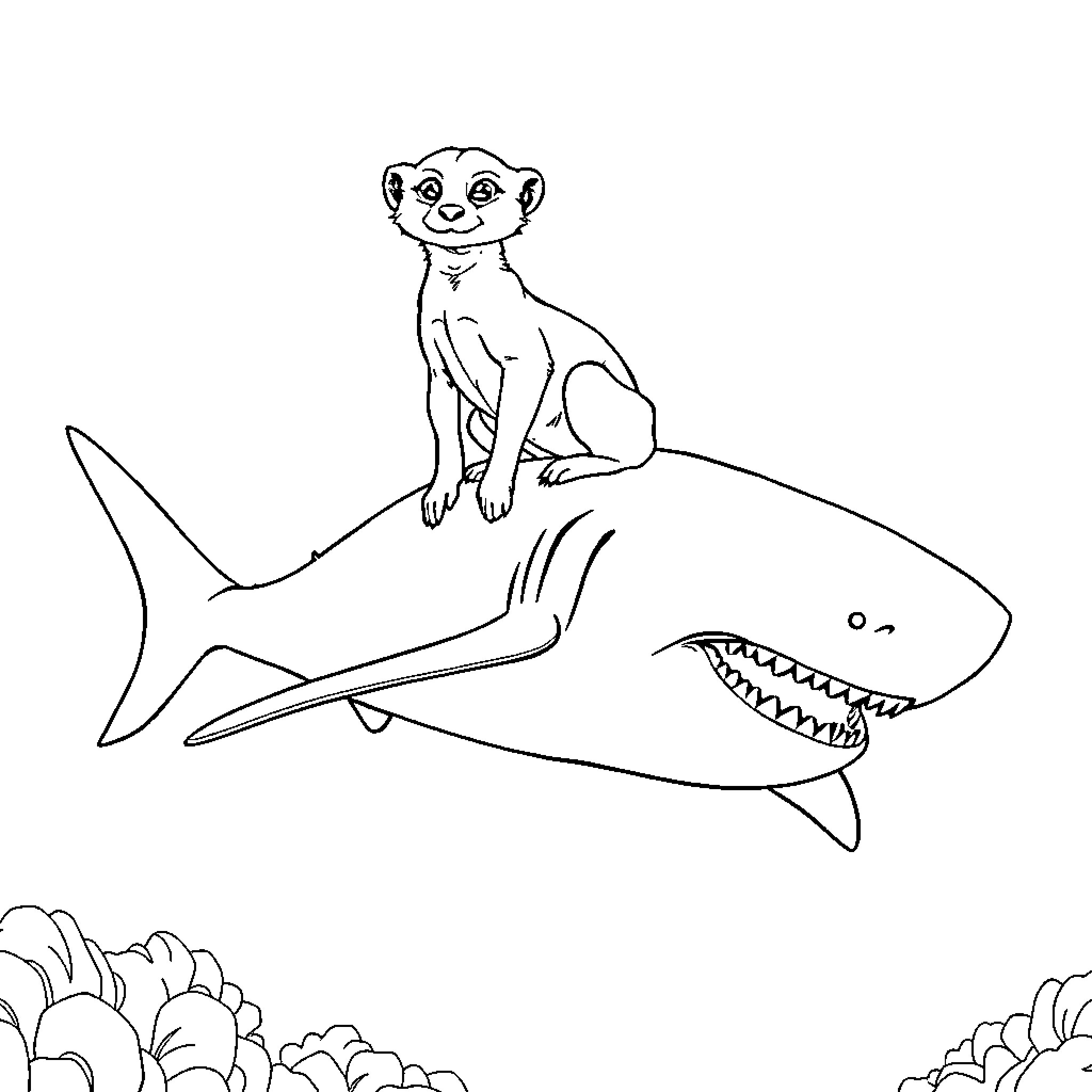 Meerkat riding a friendly shark Coloring Page (free black-and-white line drawing printable PDF for all, from beginners to advanced learners, including children, teens, adults, and seniors)