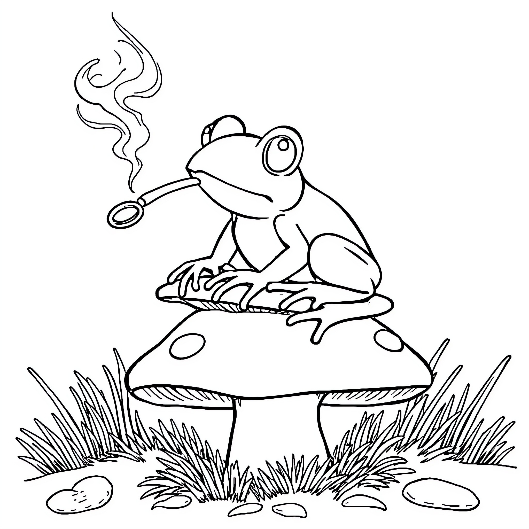 Frog smoking on a mushroom in the grass Coloring Page (free black-and-white line drawing printable PDF for all, from beginners to advanced learners, including children, teens, adults, and seniors)