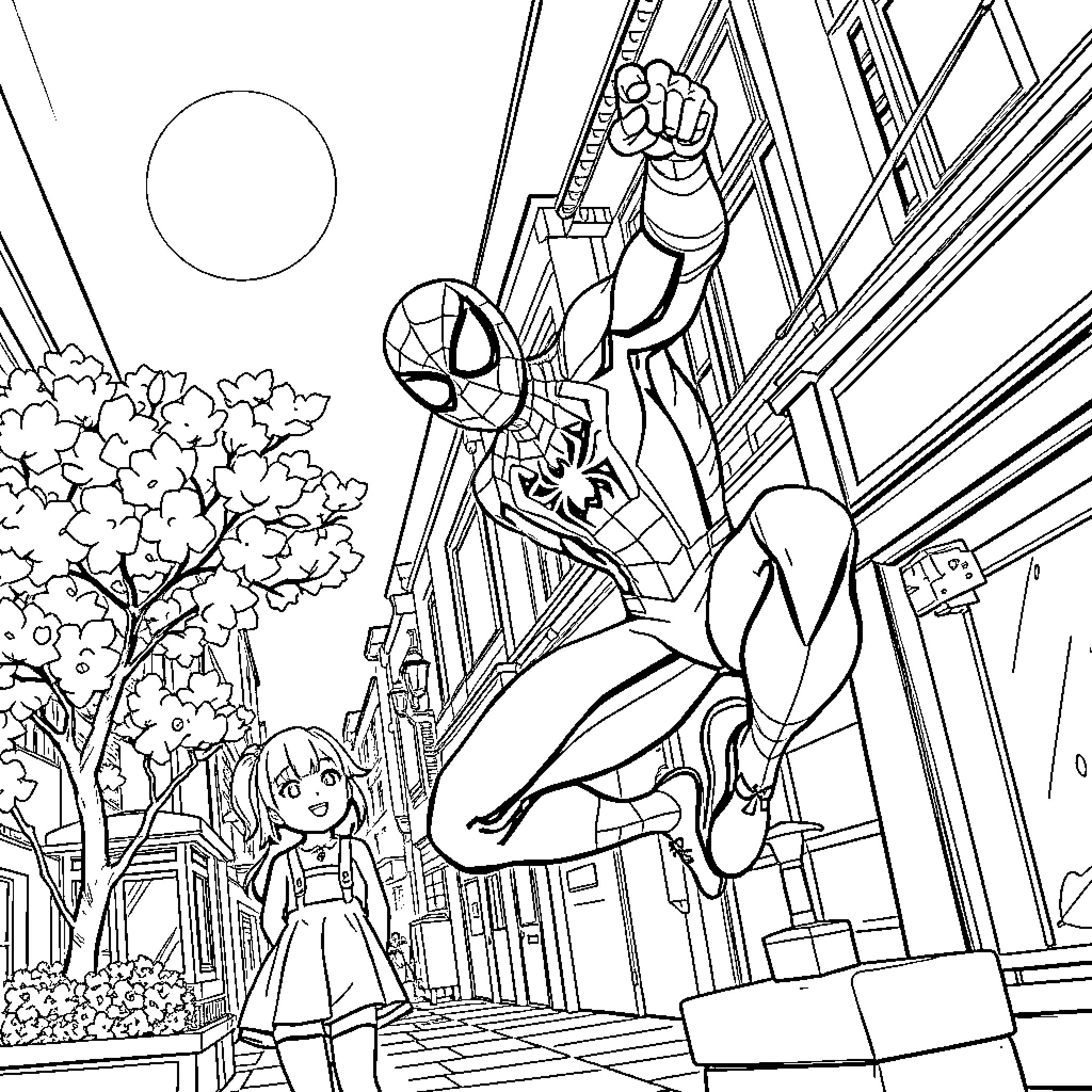Spider-Man swinging through the city with a girl Coloring Page (free black-and-white line drawing printable PDF for all, from beginners to advanced learners, including children, teens, adults, and seniors)