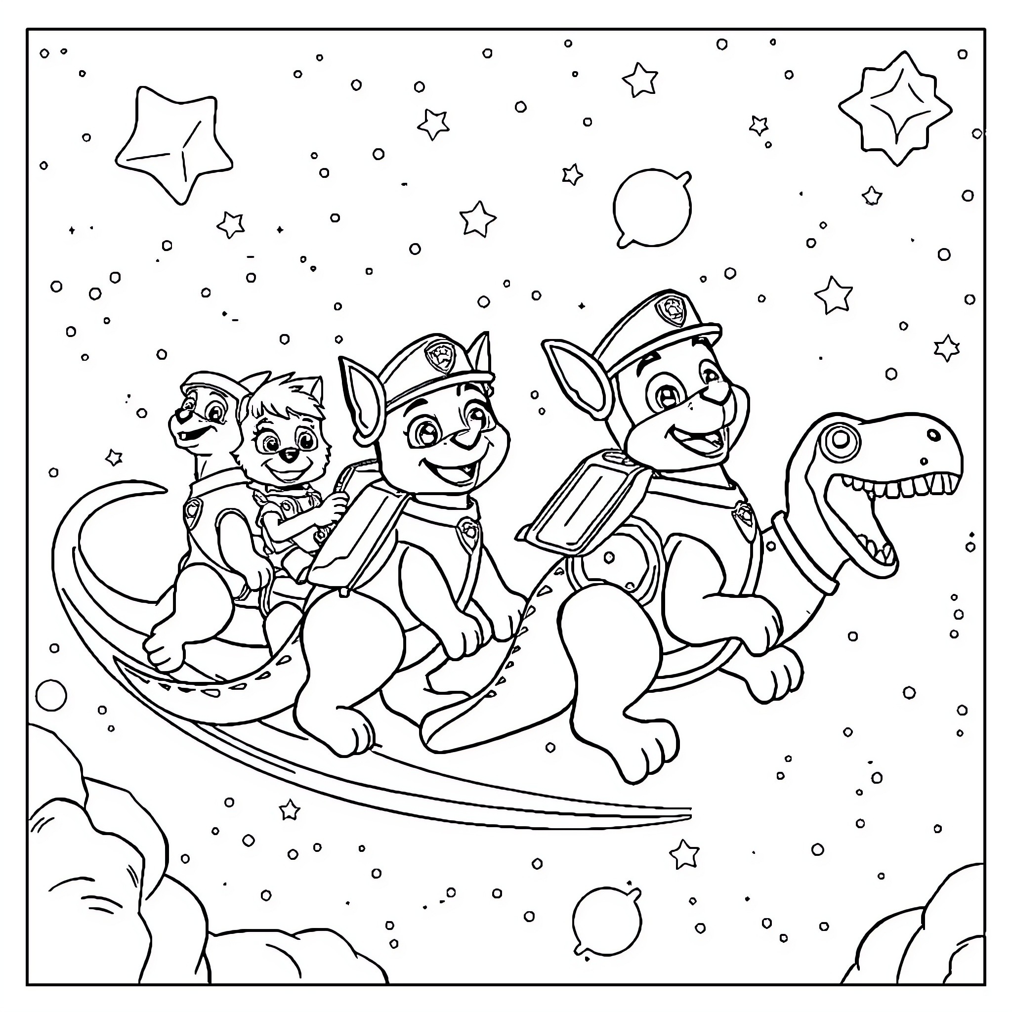 Paw Patrol Space Adventure Coloring Page (free black-and-white line drawing printable PDF for all, from beginners to advanced learners, including children, teens, adults, and seniors)