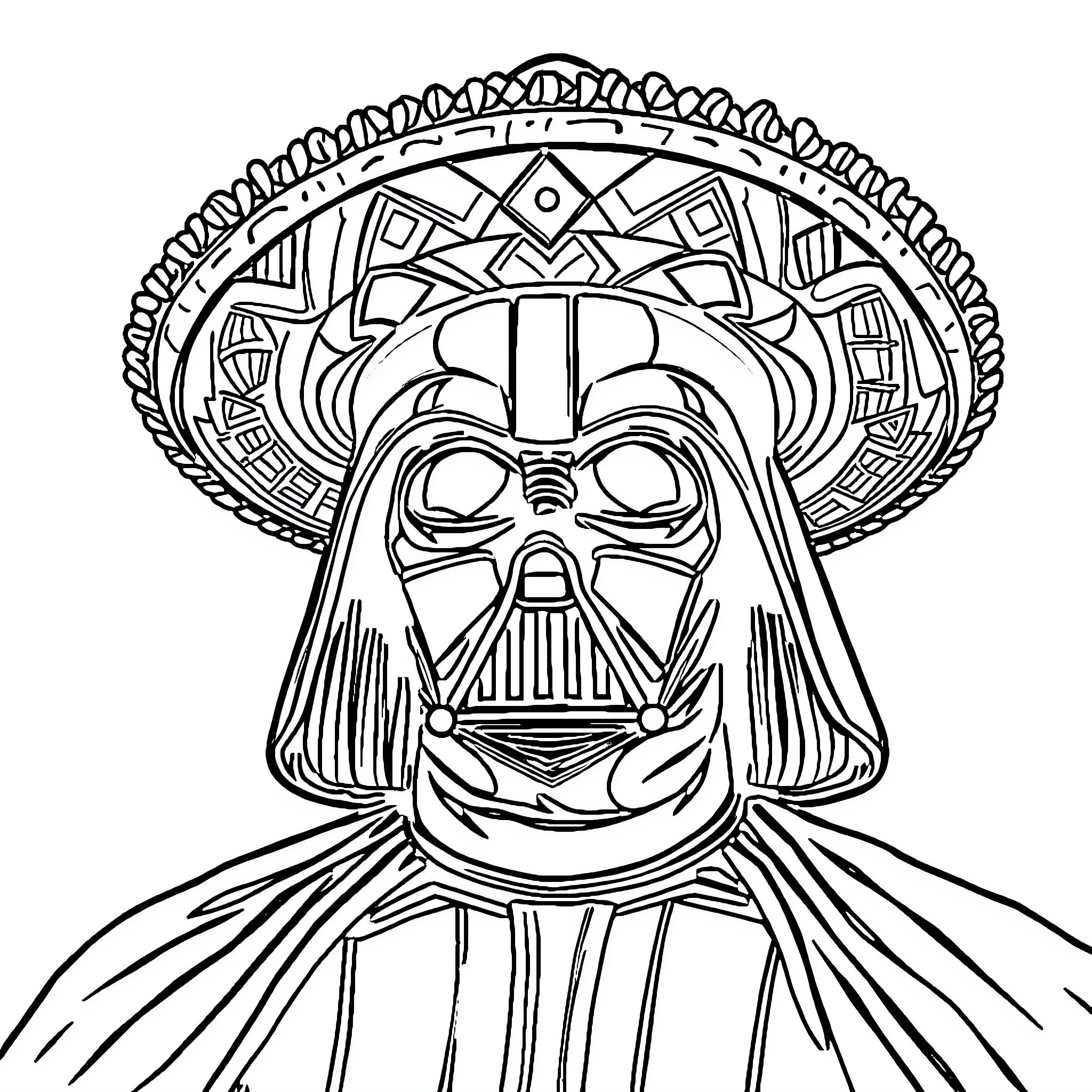 Darth Vader in Ornate Headpiece Coloring Page (free black-and-white line drawing printable PDF for all, from beginners to advanced learners, including children, teens, adults, and seniors)