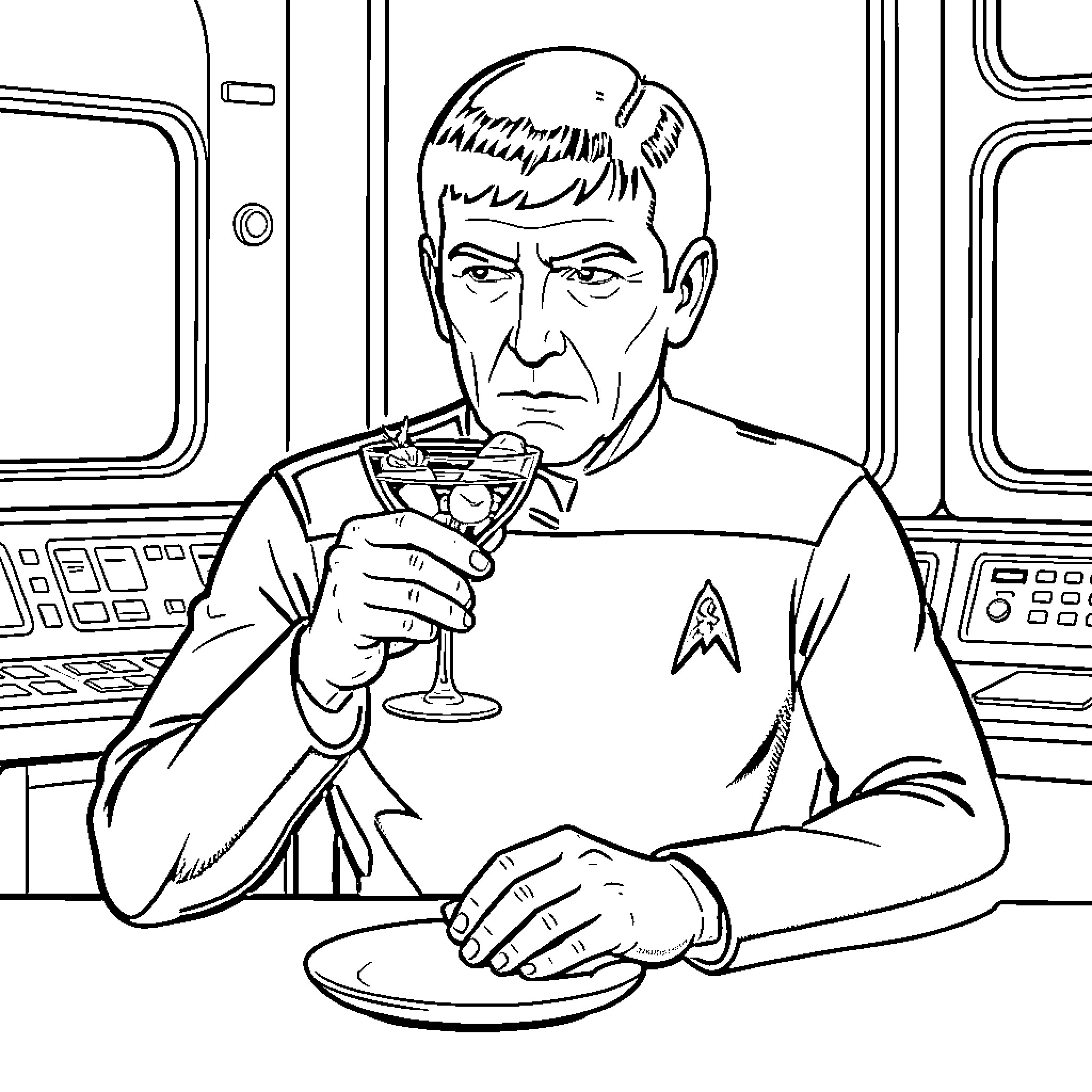 Spock enjoying a drink aboard the Enterprise Coloring Page (free black-and-white line drawing printable PDF for all, from beginners to advanced learners, including children, teens, adults, and seniors)