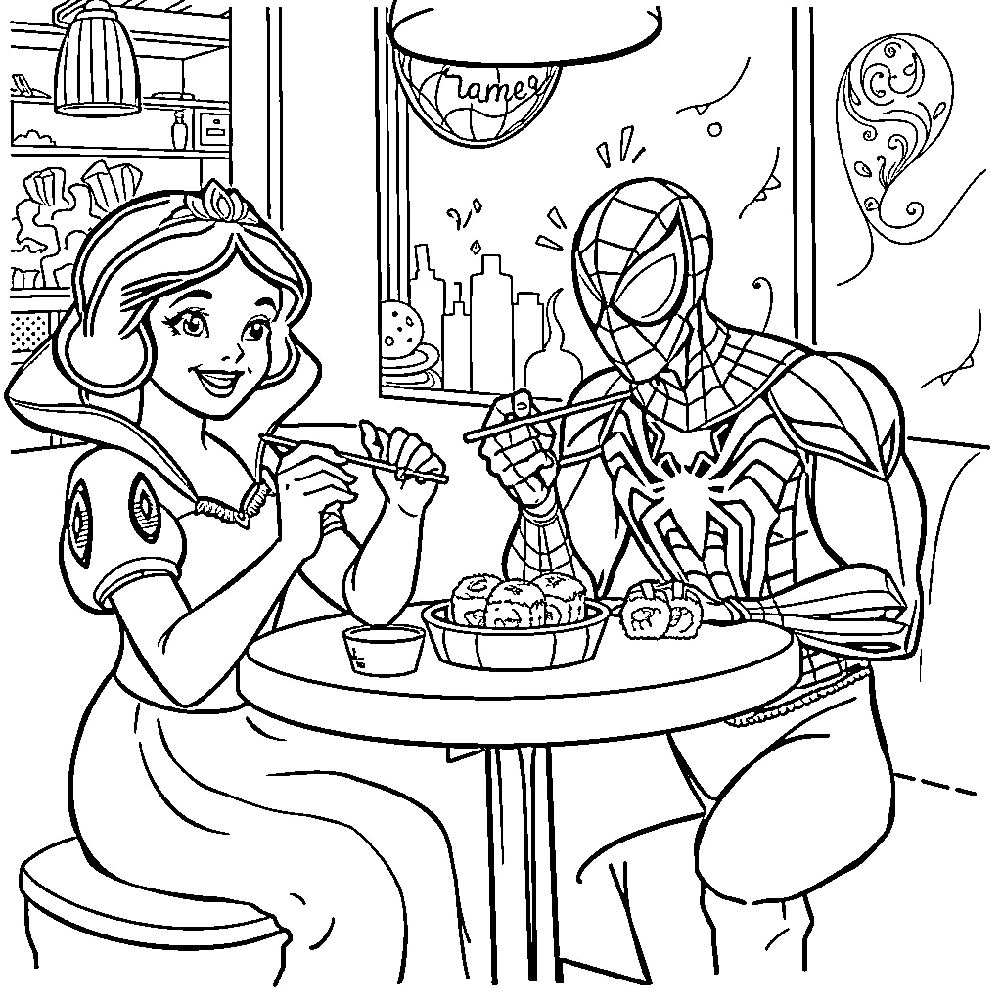 Snow White and Spider-Man Enjoying a Meal Together Coloring Page (free black-and-white line drawing printable PDF for all, from beginners to advanced learners, including children, teens, adults, and seniors)