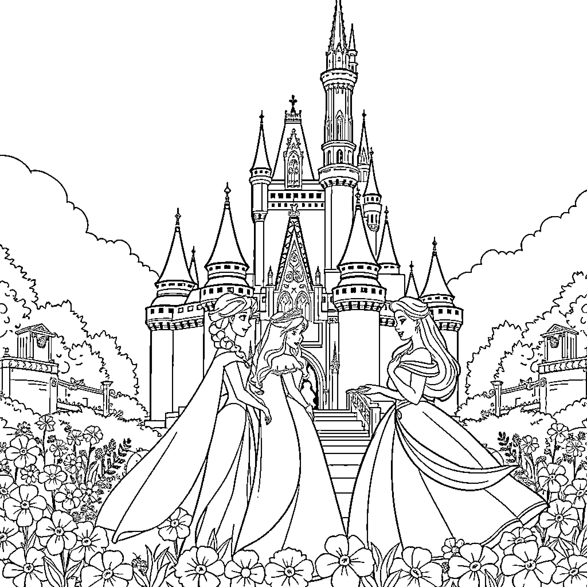 Princess Enjoying Royal Ball at Enchanting Castle Coloring Page (free black-and-white line drawing printable PDF for all, from beginners to advanced learners, including children, teens, adults, and seniors)
