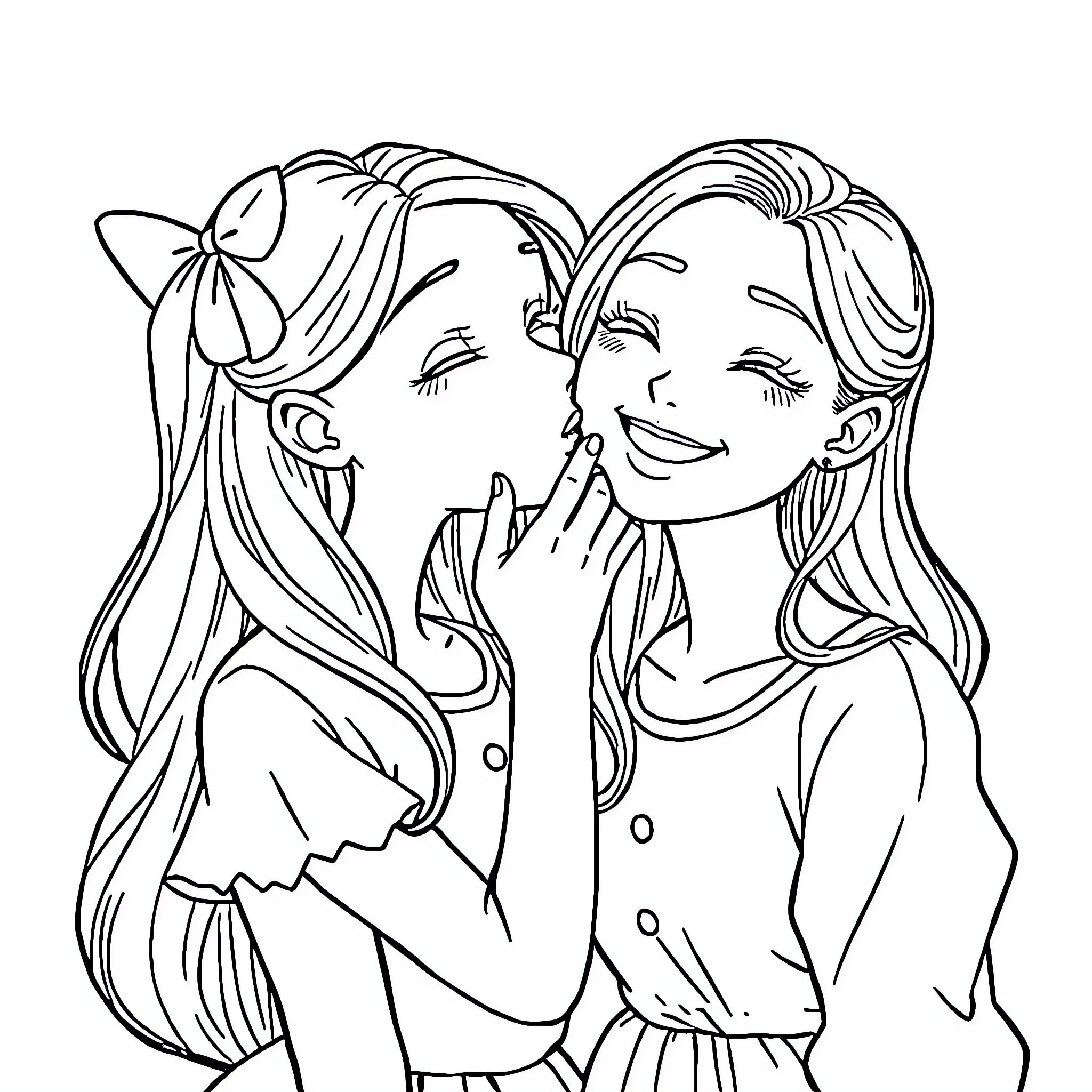 Girls sharing a secret moment together Coloring Page (free black-and-white line drawing printable PDF for all, from beginners to advanced learners, including children, teens, adults, and seniors)
