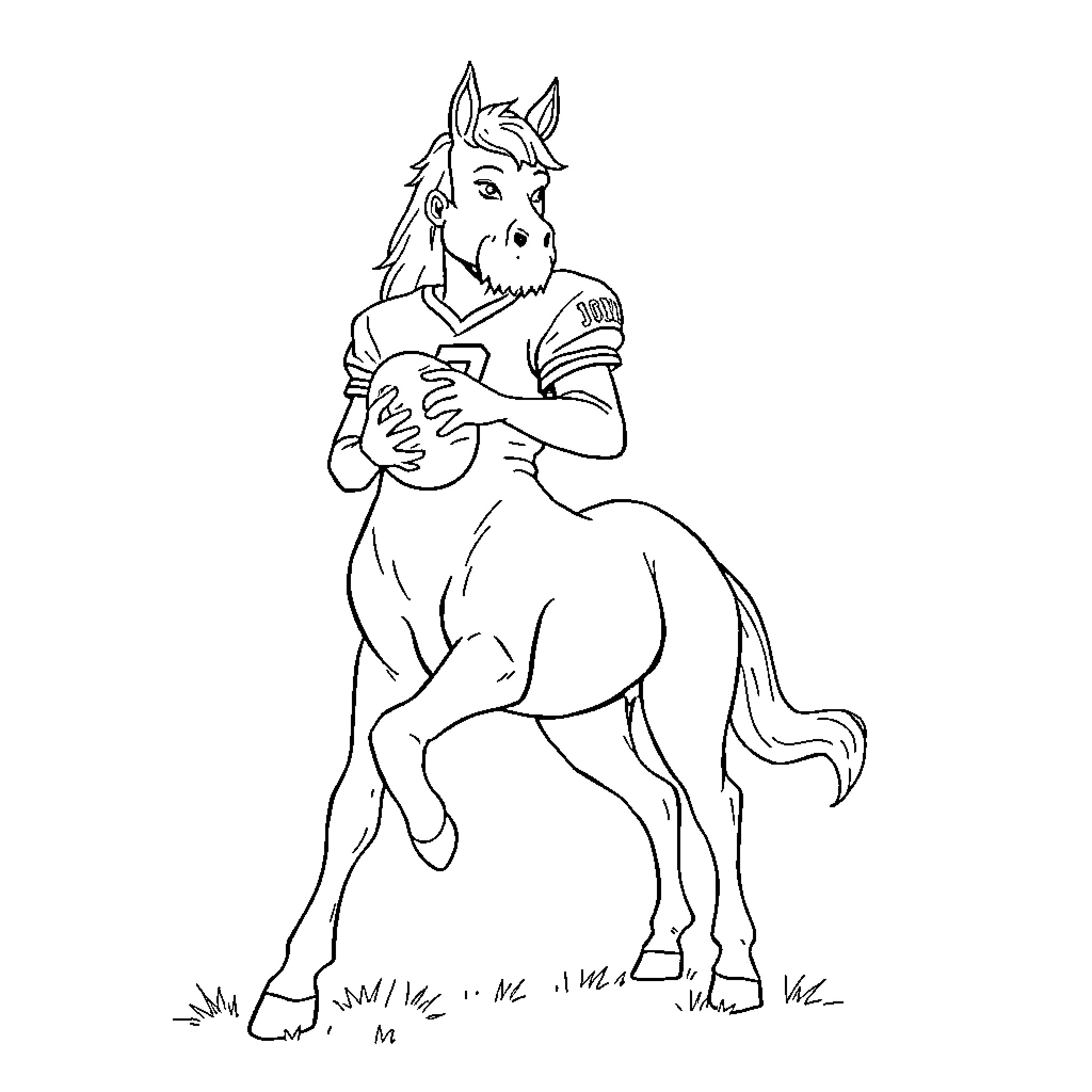 Centaur playing a musical instrument in the field Coloring Page (free black-and-white line drawing printable PDF for all, from beginners to advanced learners, including children, teens, adults, and seniors)