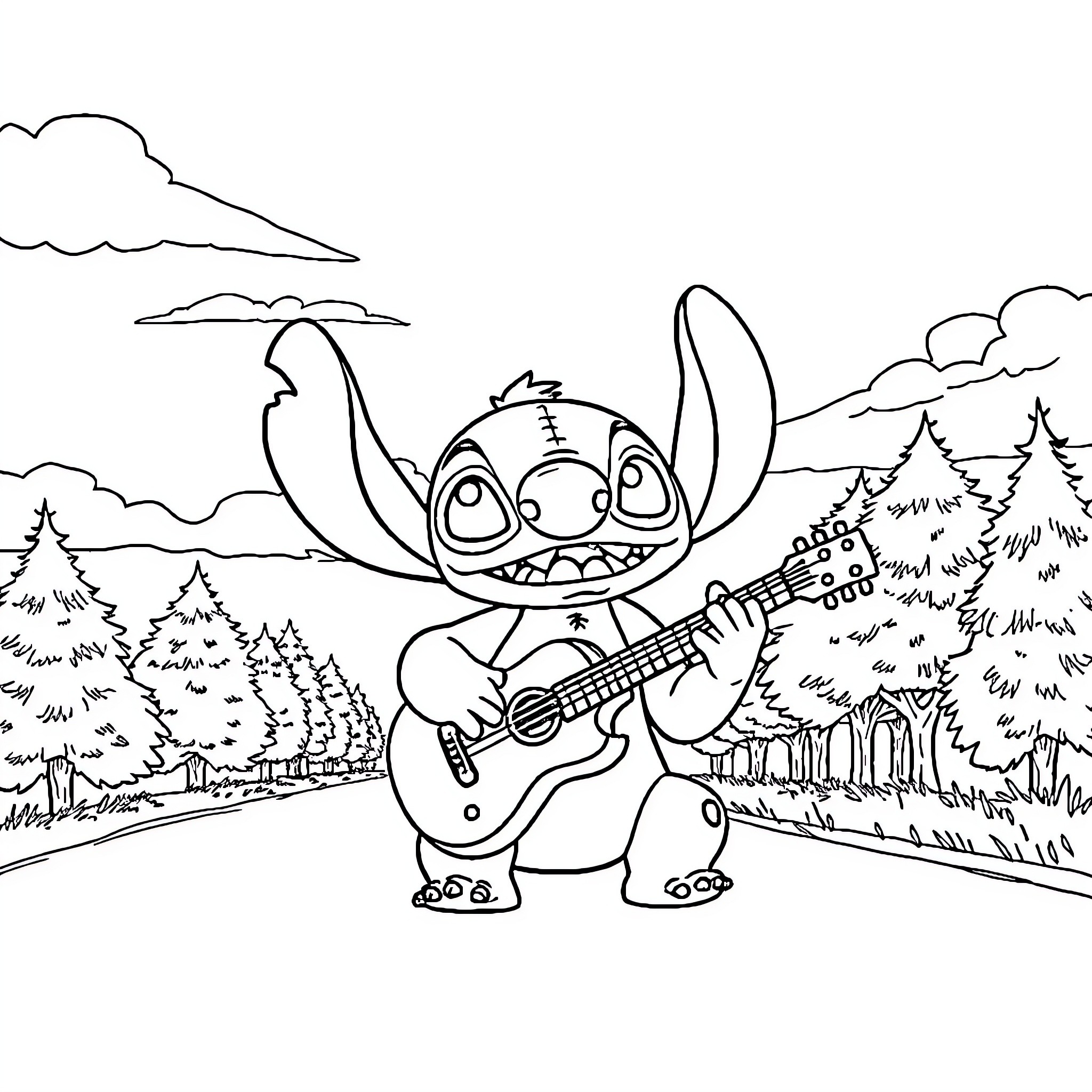 Stitch playing guitar in the forest Coloring Page (free black-and-white line drawing printable PDF for all, from beginners to advanced learners, including children, teens, adults, and seniors)