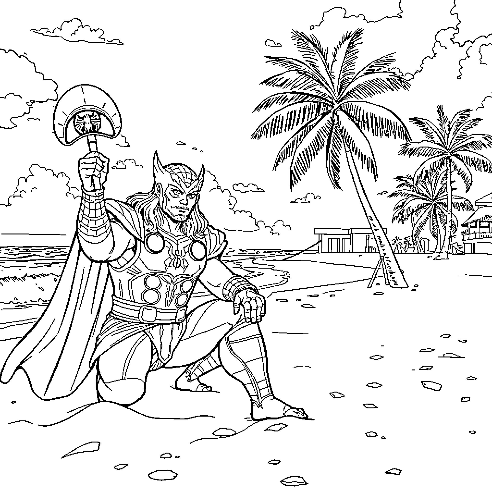 Thor relaxing on a tropical beach Coloring Page (free black-and-white line drawing printable PDF for all, from beginners to advanced learners, including children, teens, adults, and seniors)