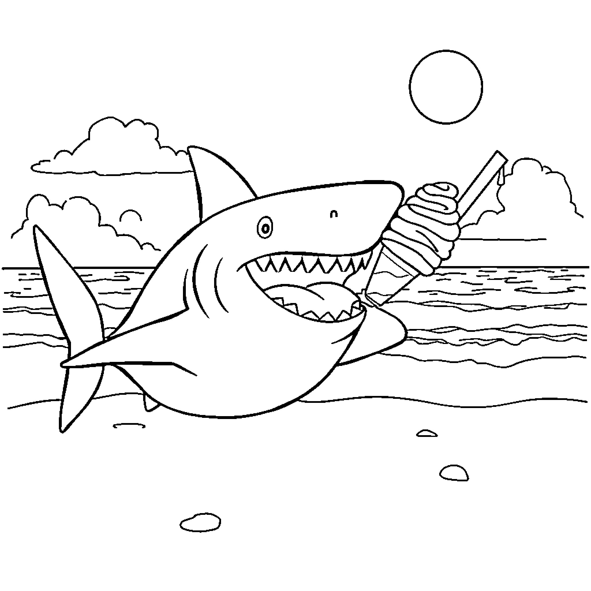 Shark chasing fish in the ocean Coloring Page (free black-and-white line drawing printable PDF for all, from beginners to advanced learners, including children, teens, adults, and seniors)
