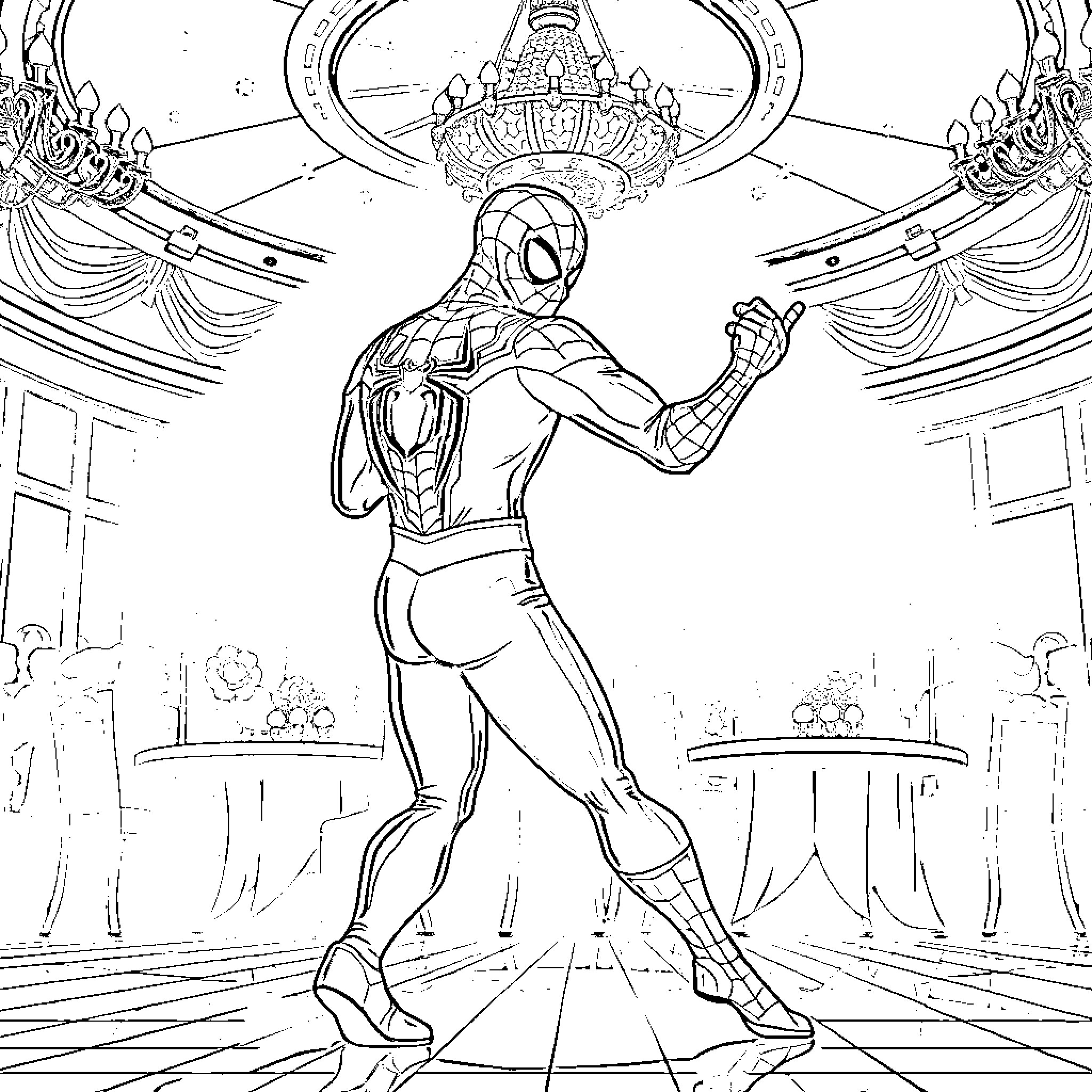 Spiderman in action-packed heroic pose Coloring Page (free black-and-white line drawing printable PDF for all, from beginners to advanced learners, including children, teens, adults, and seniors)