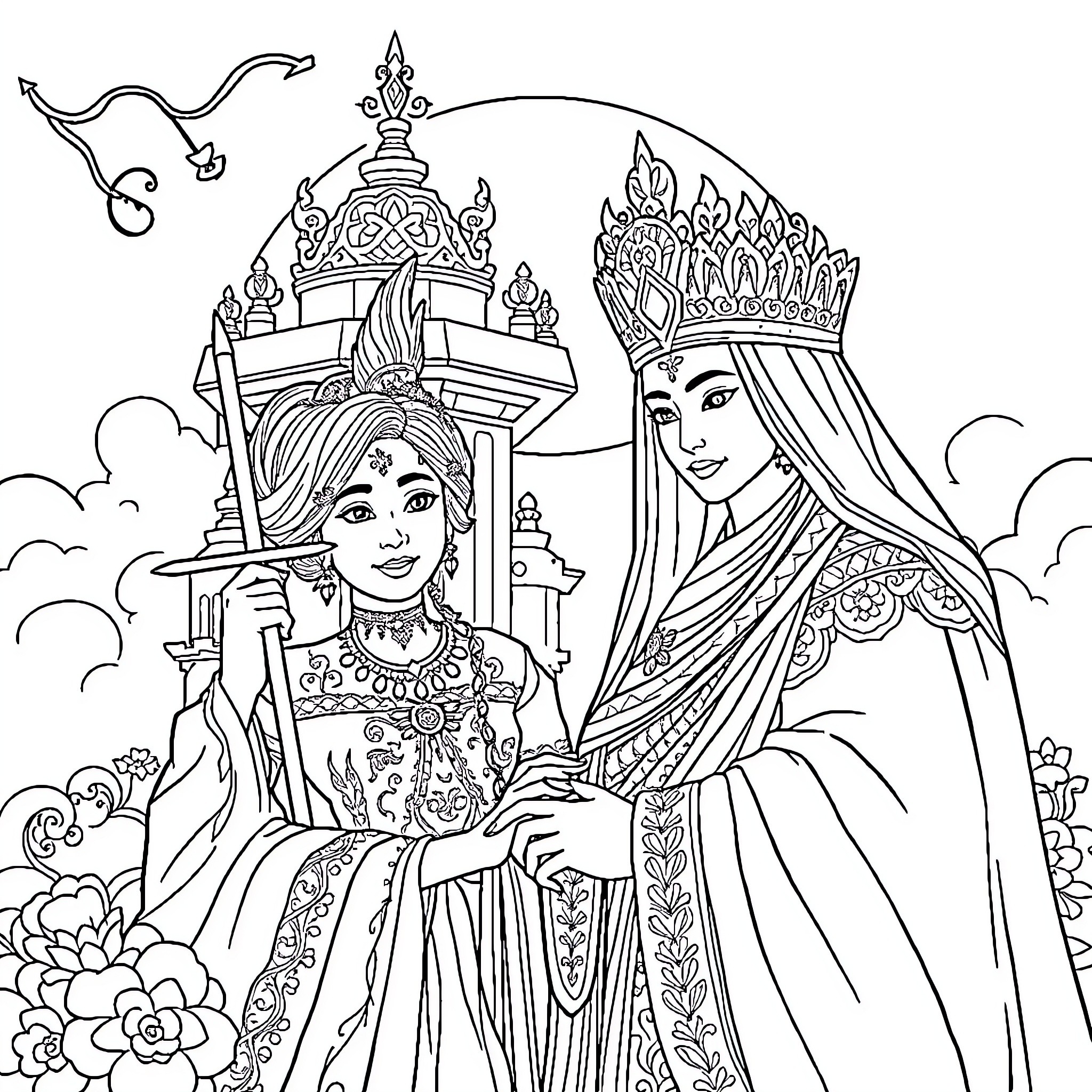 Castle of Royalty and Enchantment Coloring Page (free black-and-white line drawing printable PDF for all, from beginners to advanced learners, including children, teens, adults, and seniors)