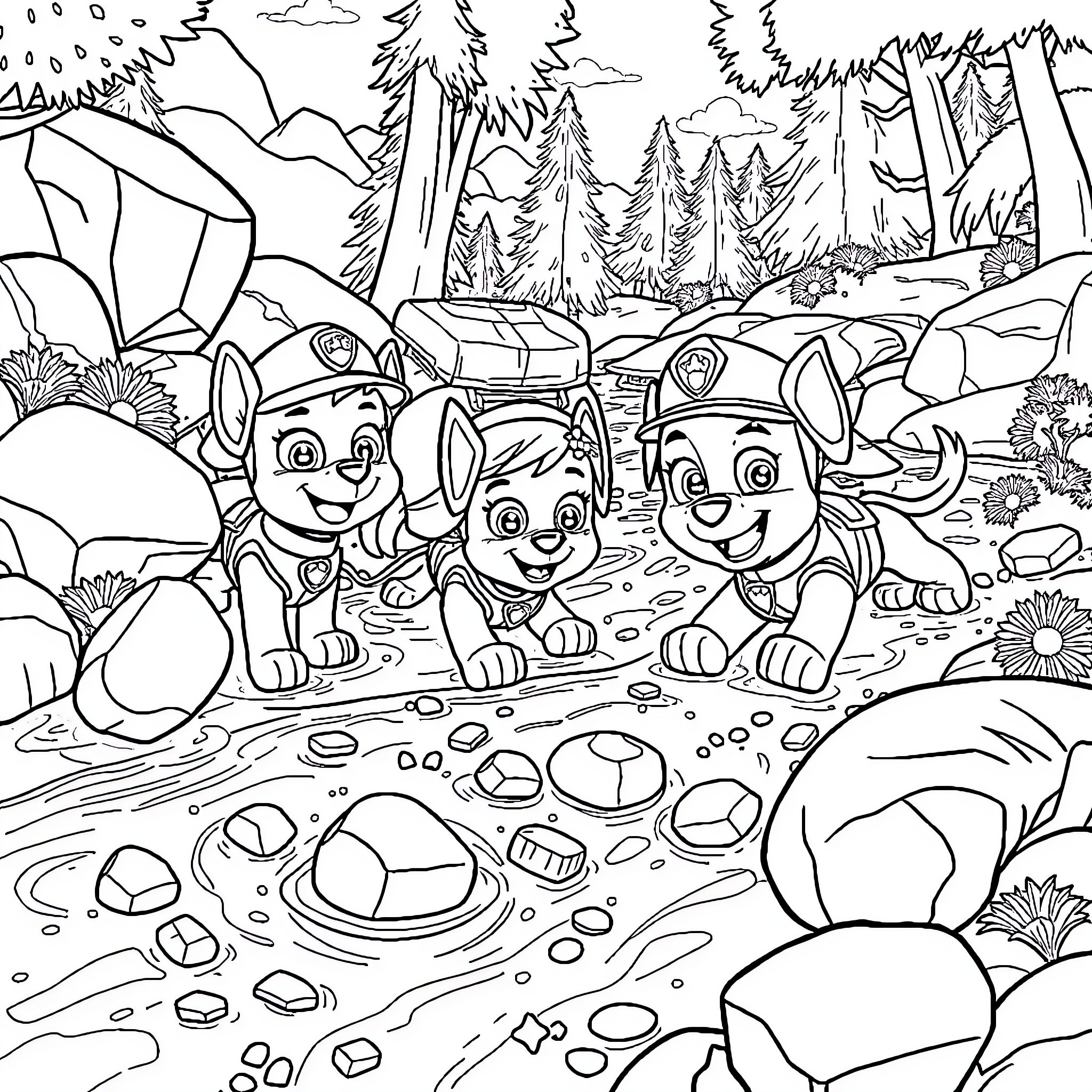 Paw Patrol Puppies Exploring the Wilderness Coloring Page (free black-and-white line drawing printable PDF for all, from beginners to advanced learners, including children, teens, adults, and seniors)