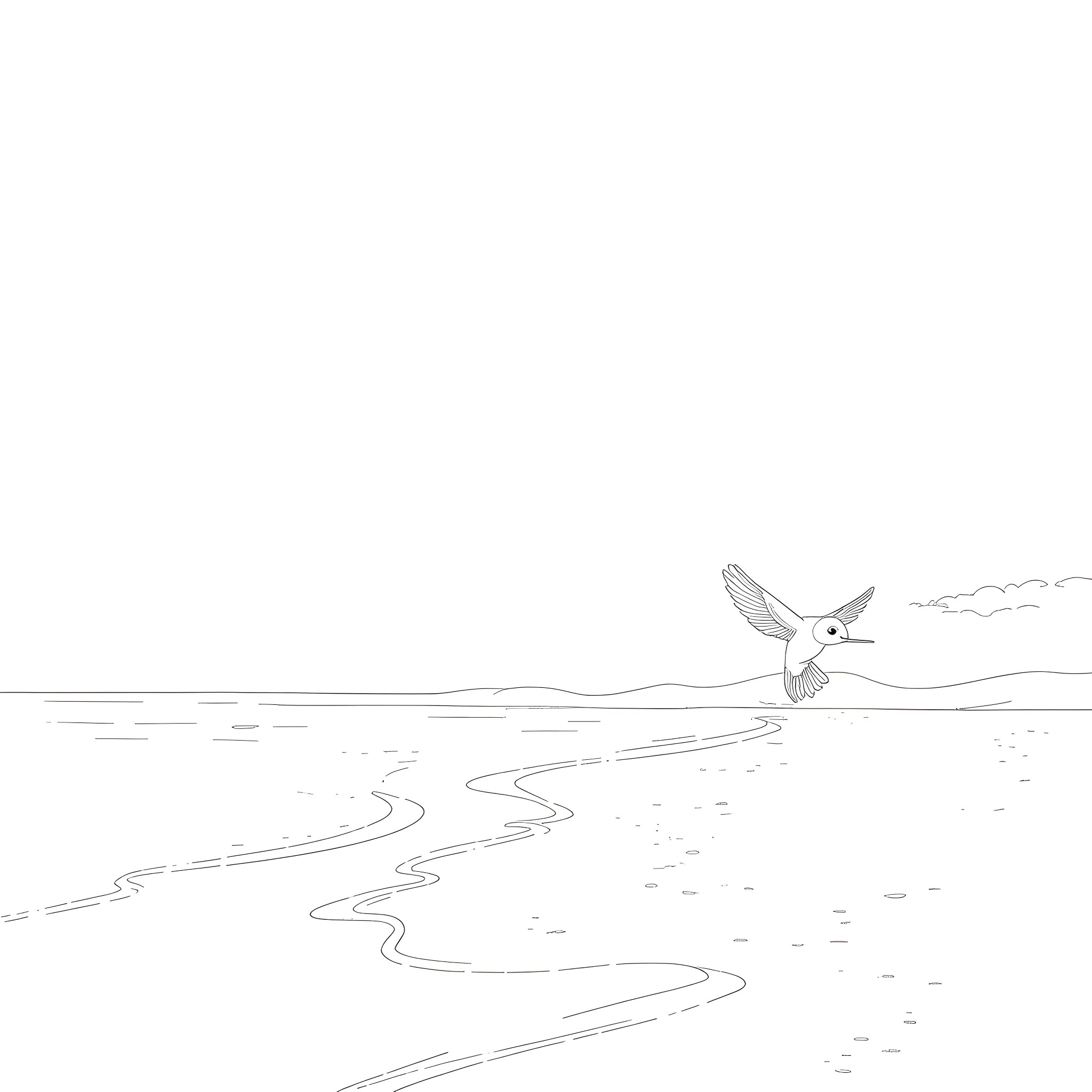 Hummingbird gracefully hovering above serene landscape Coloring Page (free black-and-white line drawing printable PDF for all, from beginners to advanced learners, including children, teens, adults, and seniors)