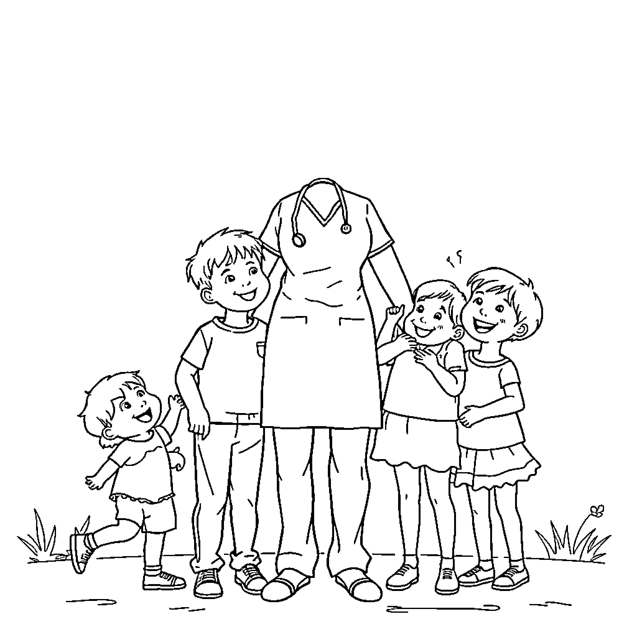 Mother and children enjoying outdoor activities Coloring Page (free black-and-white line drawing printable PDF for all, from beginners to advanced learners, including children, teens, adults, and seniors)