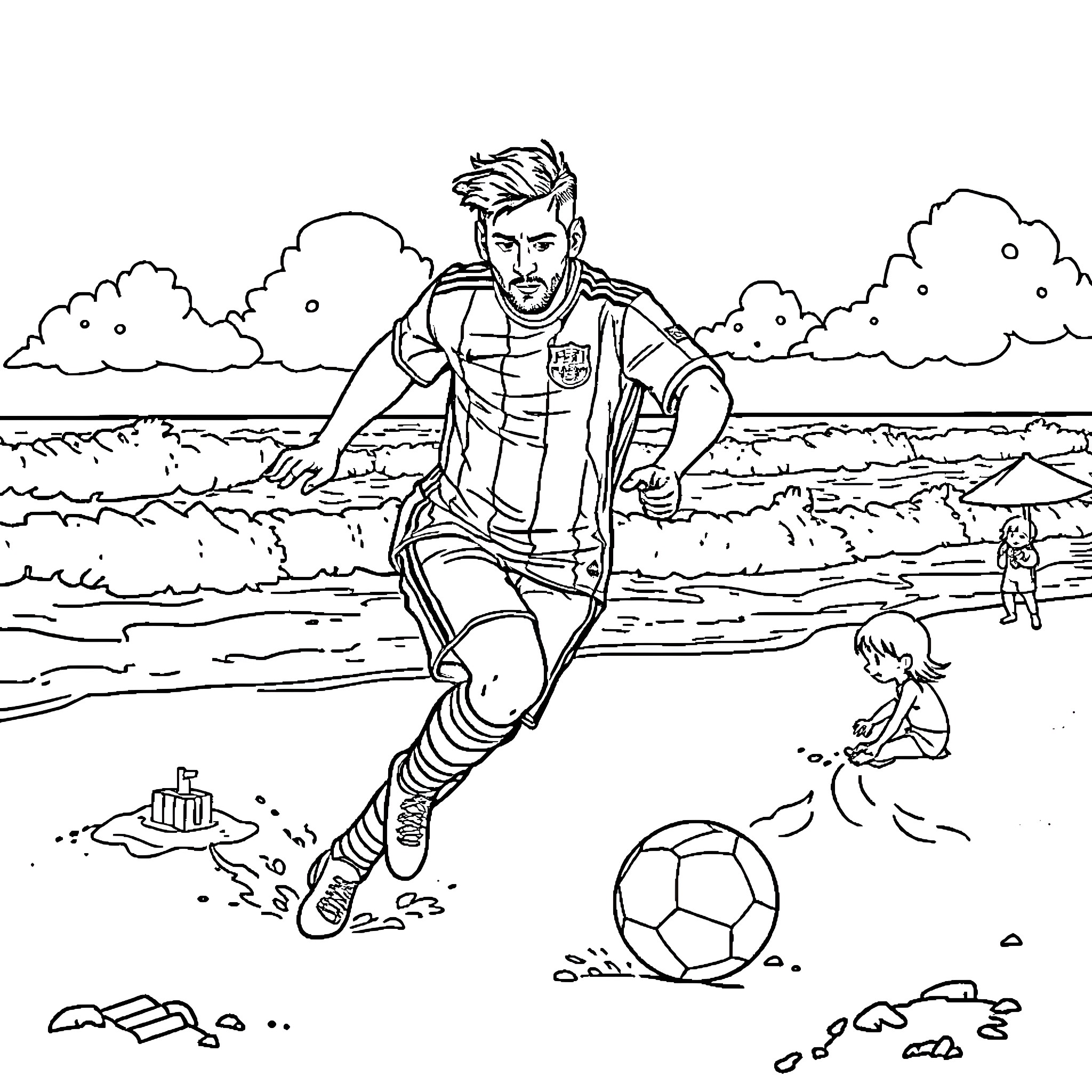 Leo Messi playing soccer on the beach Coloring Page (free black-and-white line drawing printable PDF for all, from beginners to advanced learners, including children, teens, adults, and seniors)