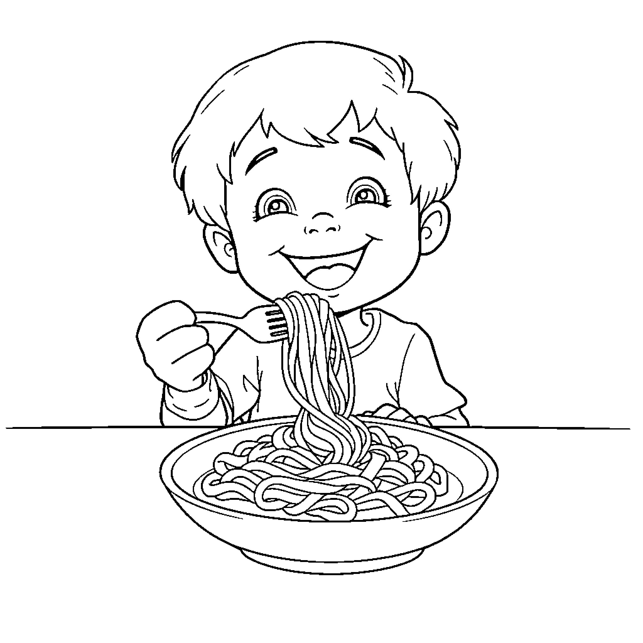 Child enjoying a bowl of noodles Coloring Page (free black-and-white line drawing printable PDF for all, from beginners to advanced learners, including children, teens, adults, and seniors)