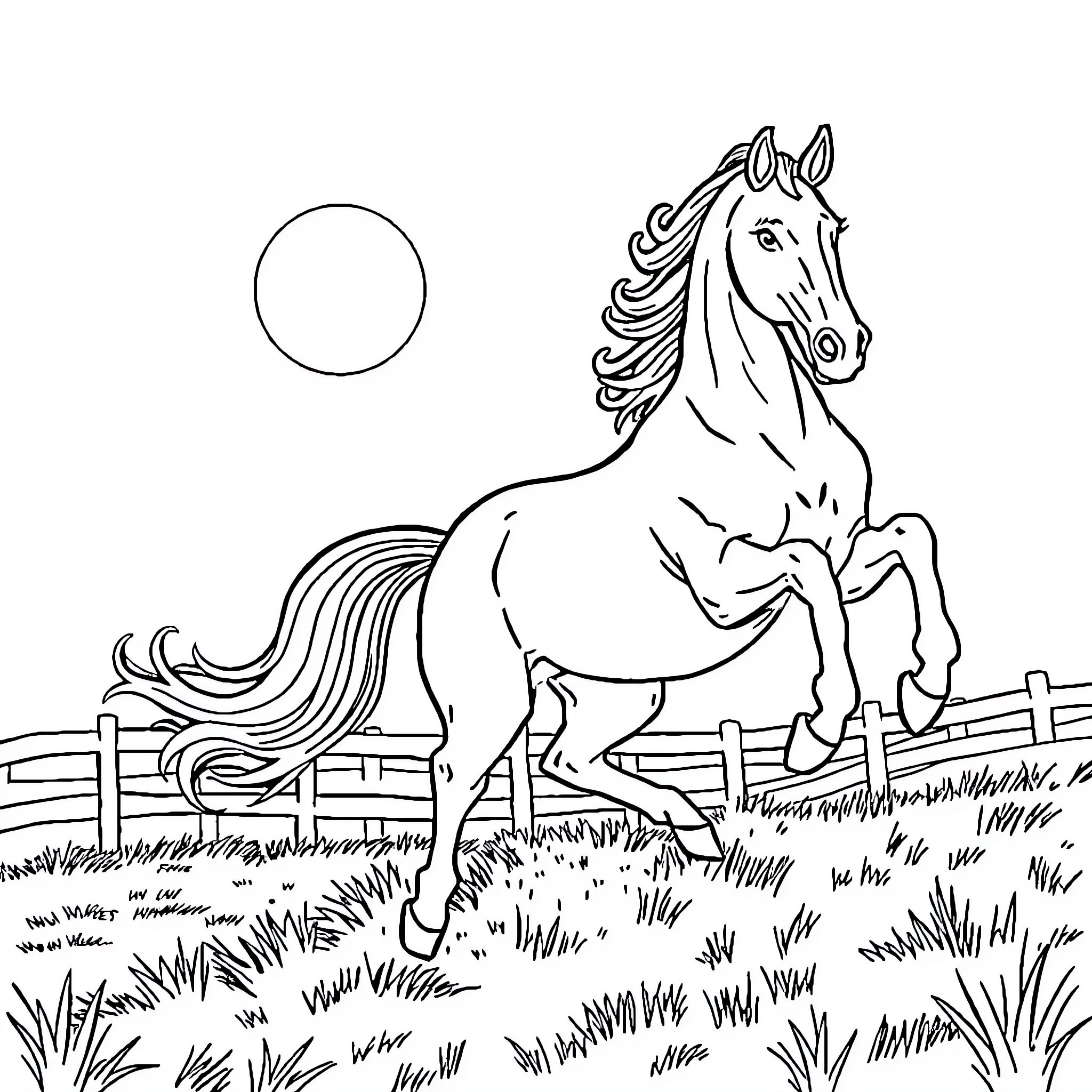 Horse galloping through a field Coloring Page (free black-and-white line drawing printable PDF for all, from beginners to advanced learners, including children, teens, adults, and seniors)