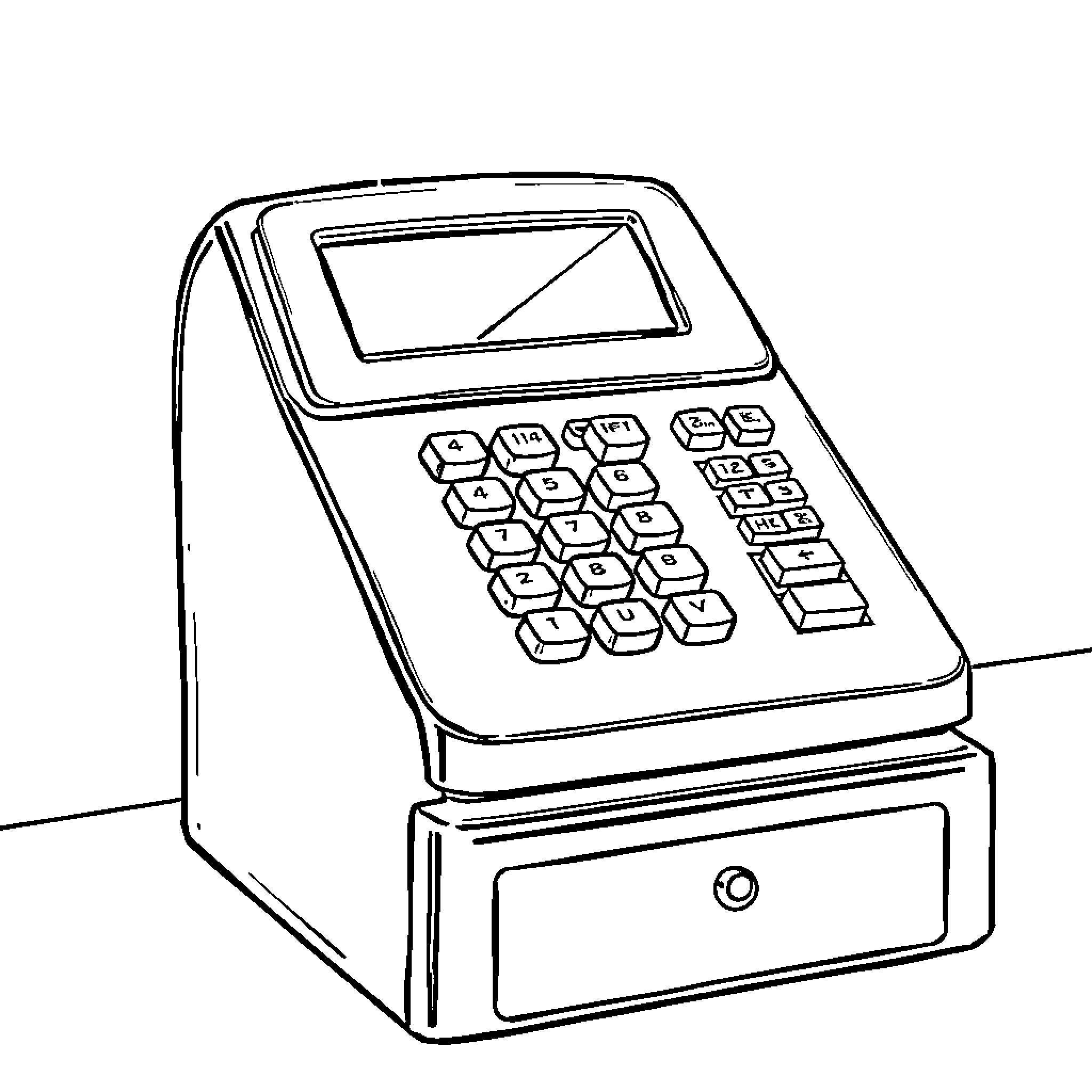 Cash Register with Keypad and Drawer Coloring Page (free black-and-white line drawing printable PDF for all, from beginners to advanced learners, including children, teens, adults, and seniors)
