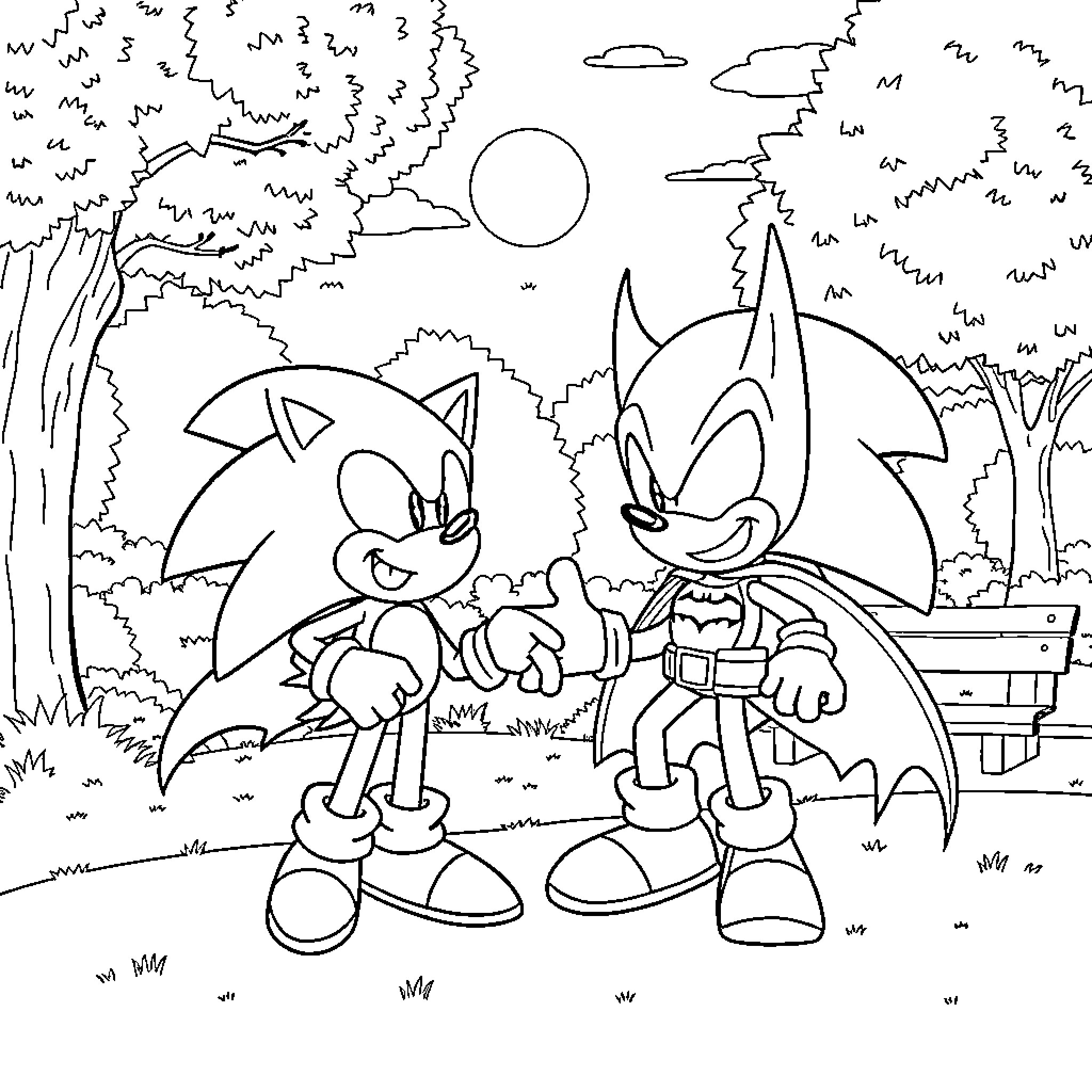 Sonic and Friend Exploring Outdoor Landscape Coloring Page (free black-and-white line drawing printable PDF for all, from beginners to advanced learners, including children, teens, adults, and seniors)