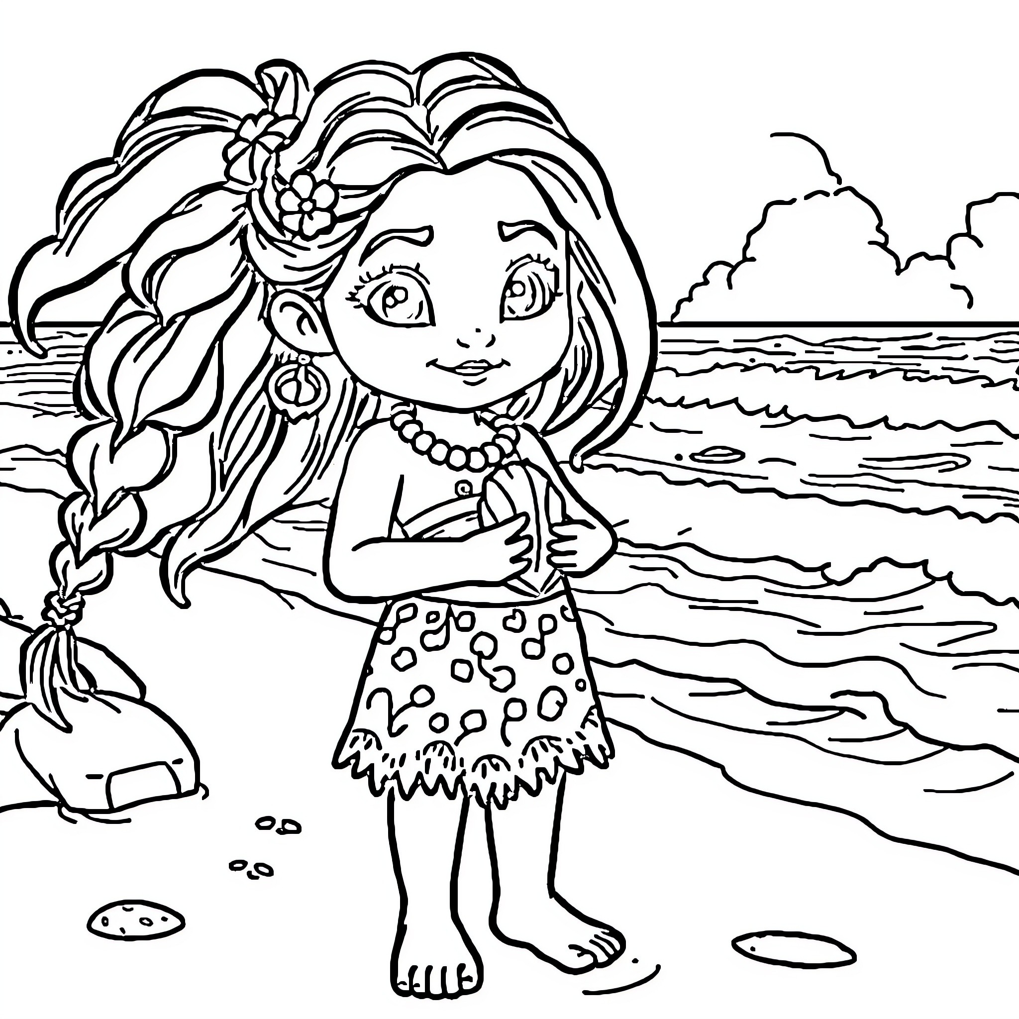 Moana exploring the beach and ocean Coloring Page (free black-and-white line drawing printable PDF for all, from beginners to advanced learners, including children, teens, adults, and seniors)