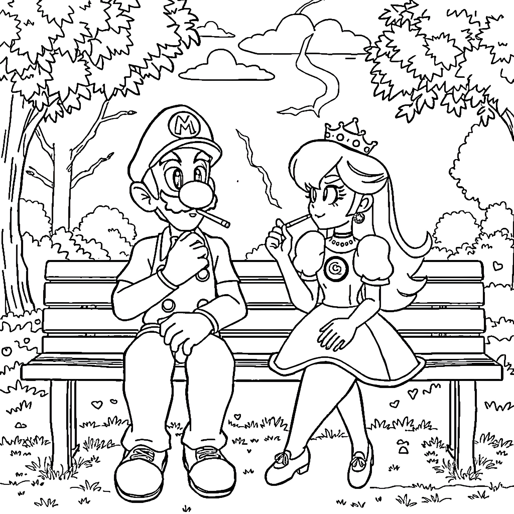 Waluigi and Princess Peach having a conversation on a park bench Coloring Page (free black-and-white line drawing printable PDF for all, from beginners to advanced learners, including children, teens, adults, and seniors)