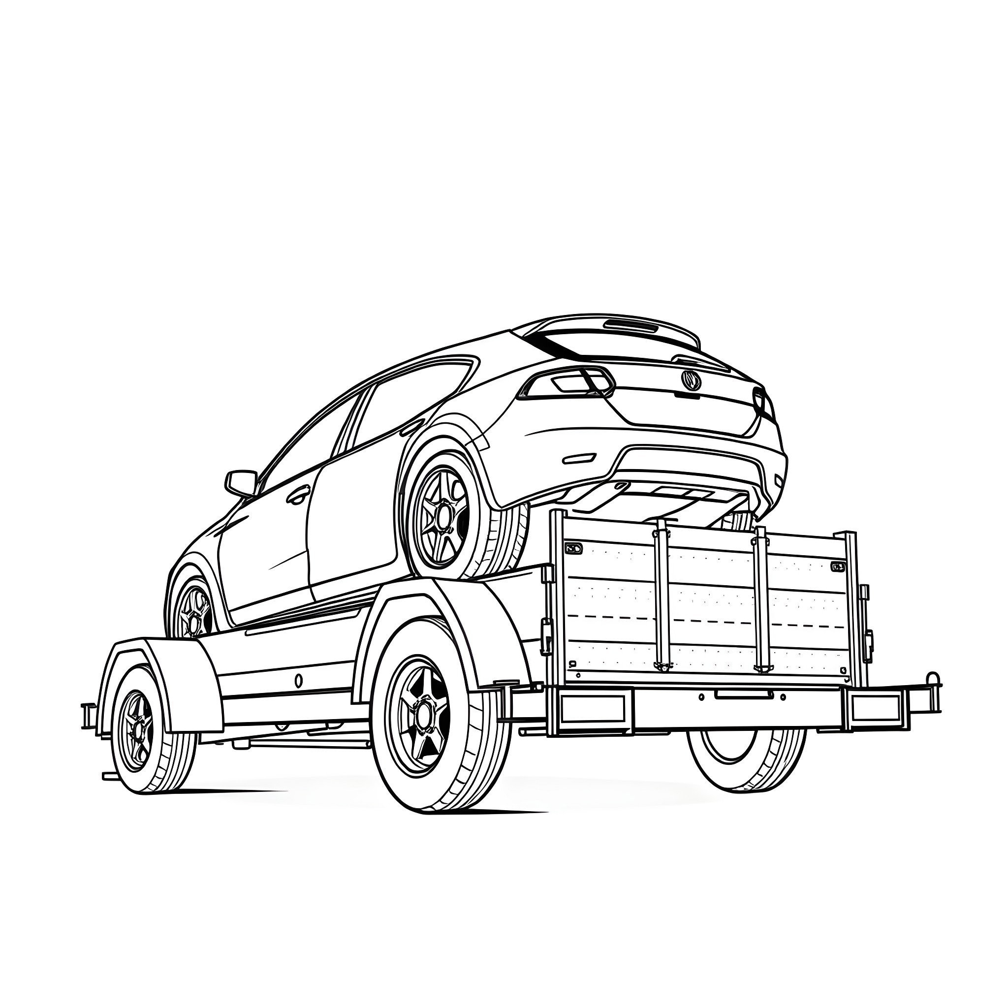Car Trailer with Hatchback Automobile Coloring Page (free black-and-white line drawing printable PDF for all, from beginners to advanced learners, including children, teens, adults, and seniors)