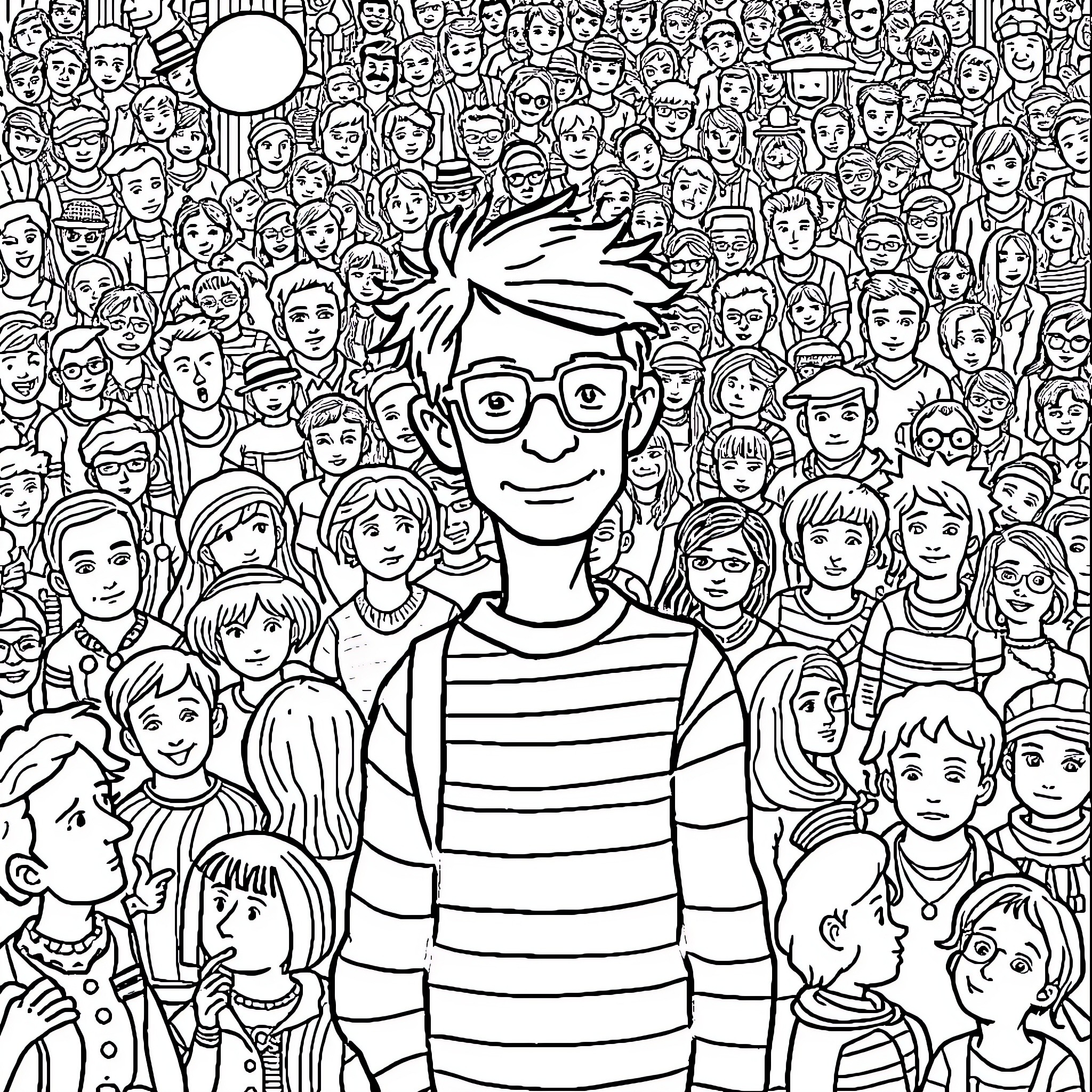 Waldo stands out in the crowded scene Coloring Page (free black-and-white line drawing printable PDF for all, from beginners to advanced learners, including children, teens, adults, and seniors)