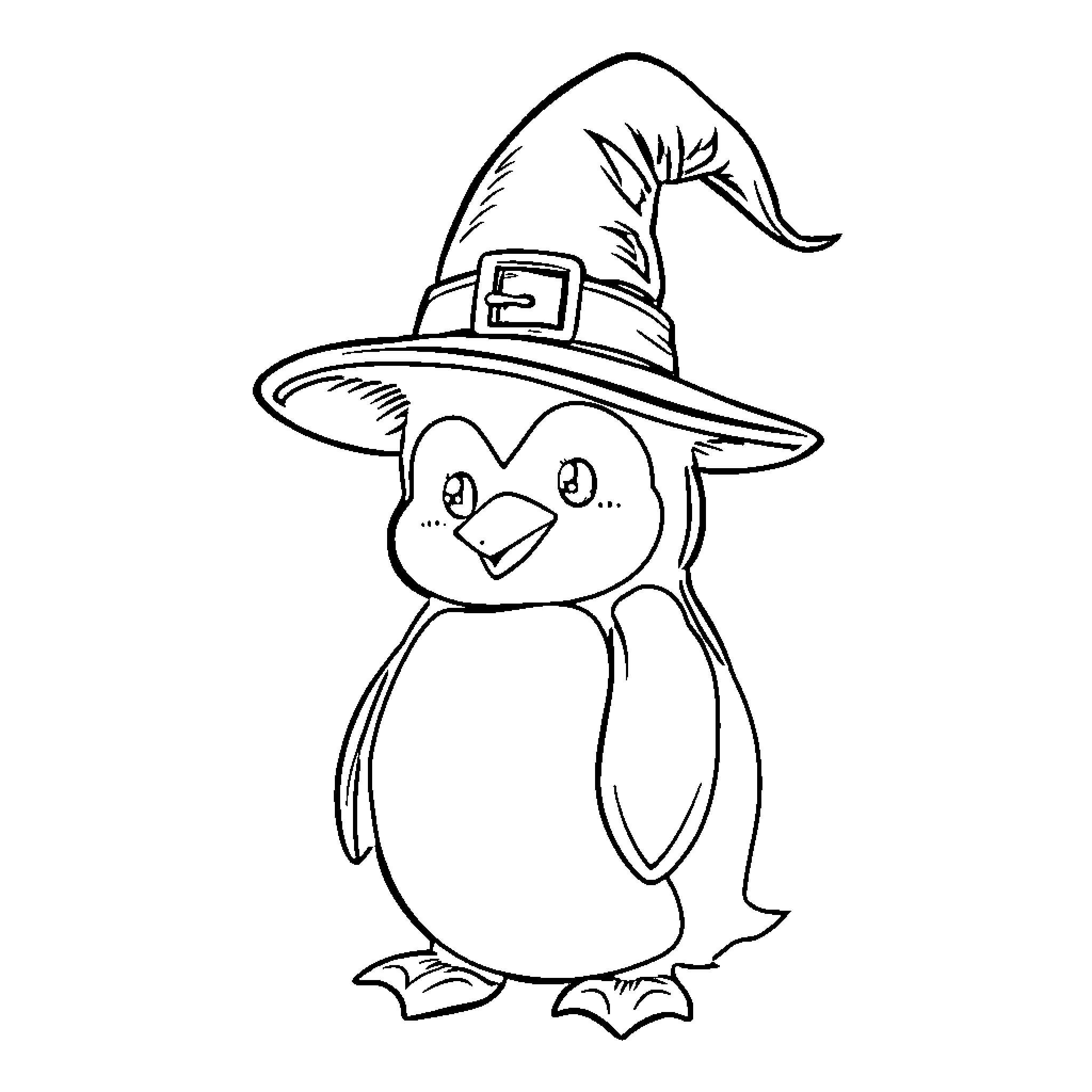 Penguin wearing a witch hat Coloring Page (free black-and-white line drawing printable PDF for all, from beginners to advanced learners, including children, teens, adults, and seniors)