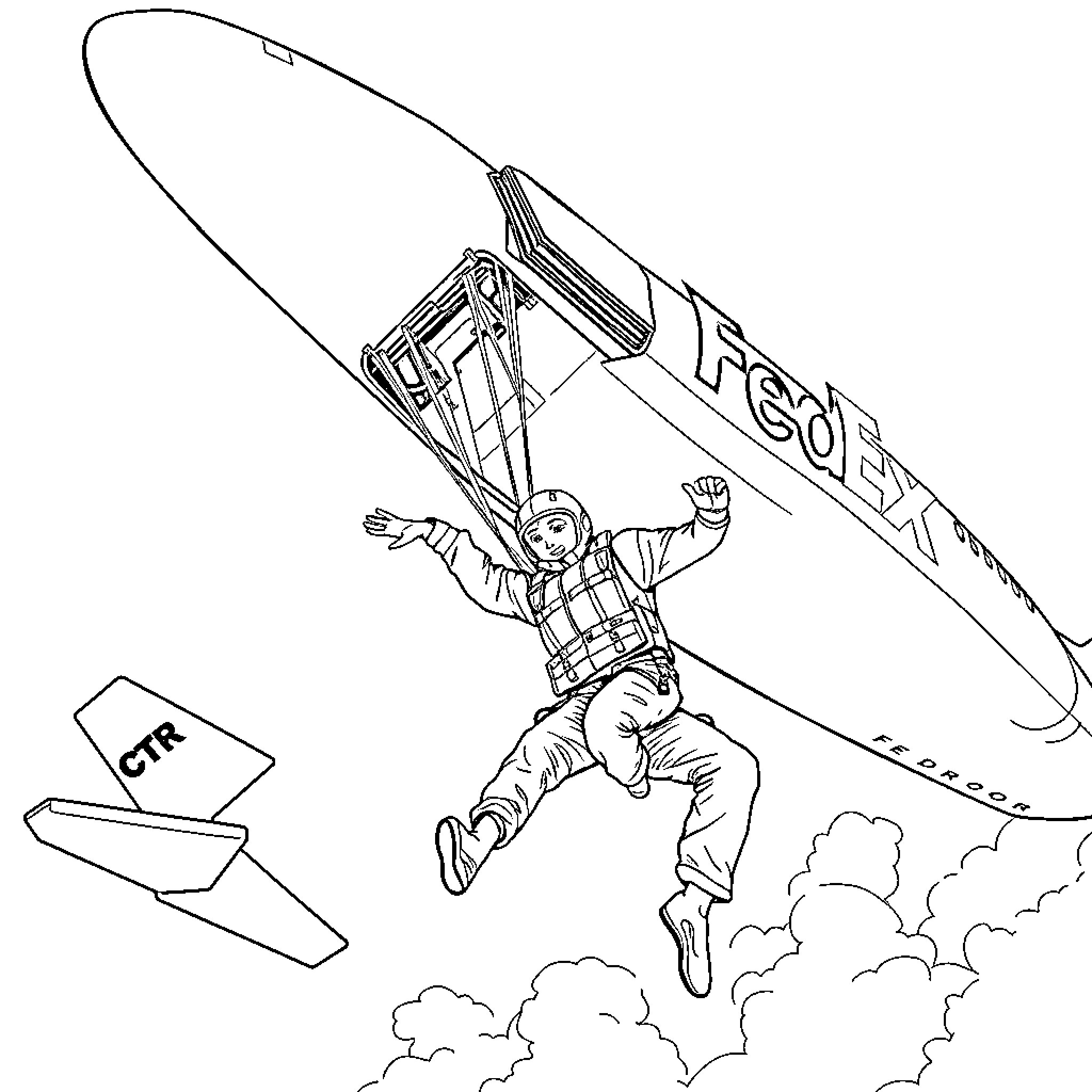 Man parachuting from an airplane Coloring Page (free black-and-white line drawing printable PDF for all, from beginners to advanced learners, including children, teens, adults, and seniors)