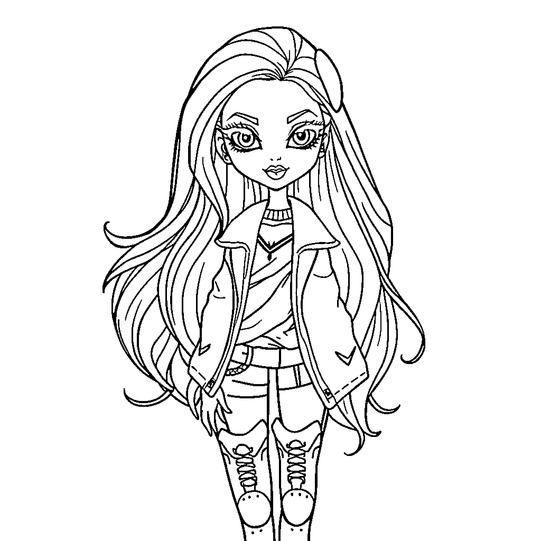 Bratz Doll with Fashionable Outfit and Long Hair Coloring Page (free black-and-white line drawing printable PDF for all, from beginners to advanced learners, including children, teens, adults, and seniors)
