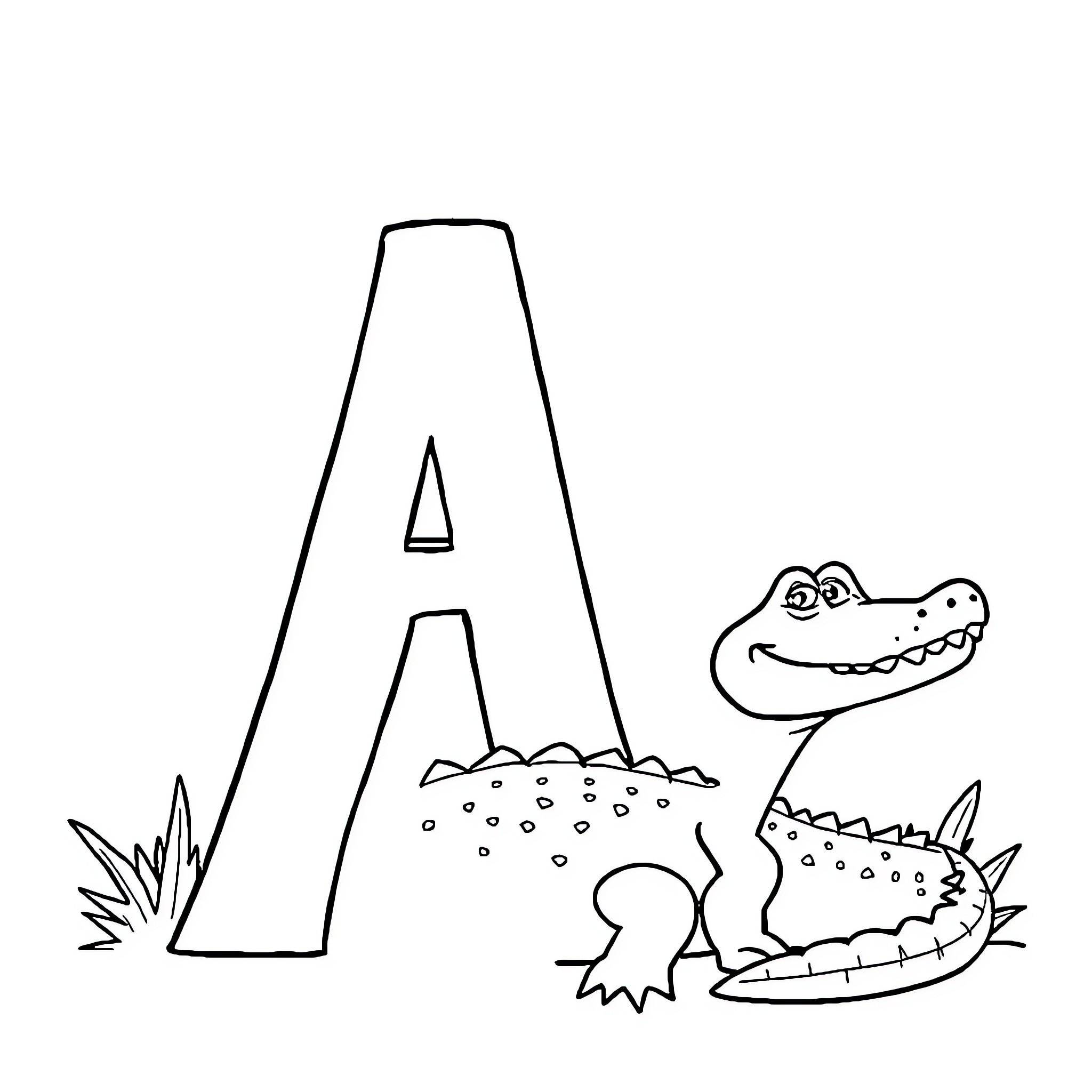 Alligator crawling near letter A Coloring Page (free black-and-white line drawing printable PDF for all, from beginners to advanced learners, including children, teens, adults, and seniors)