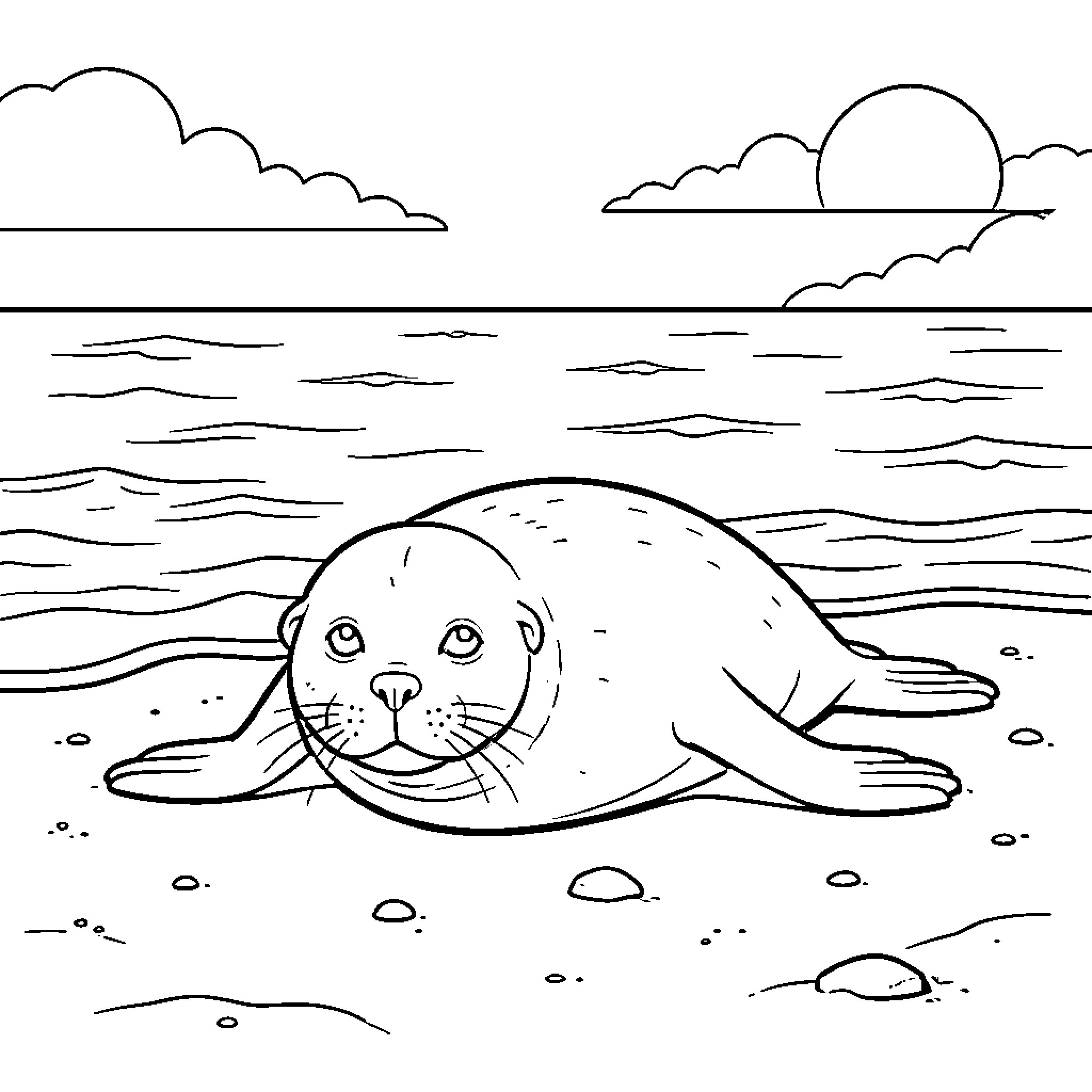 Seal resting peacefully on the shore Coloring Page (free black-and-white line drawing printable PDF for all, from beginners to advanced learners, including children, teens, adults, and seniors)
