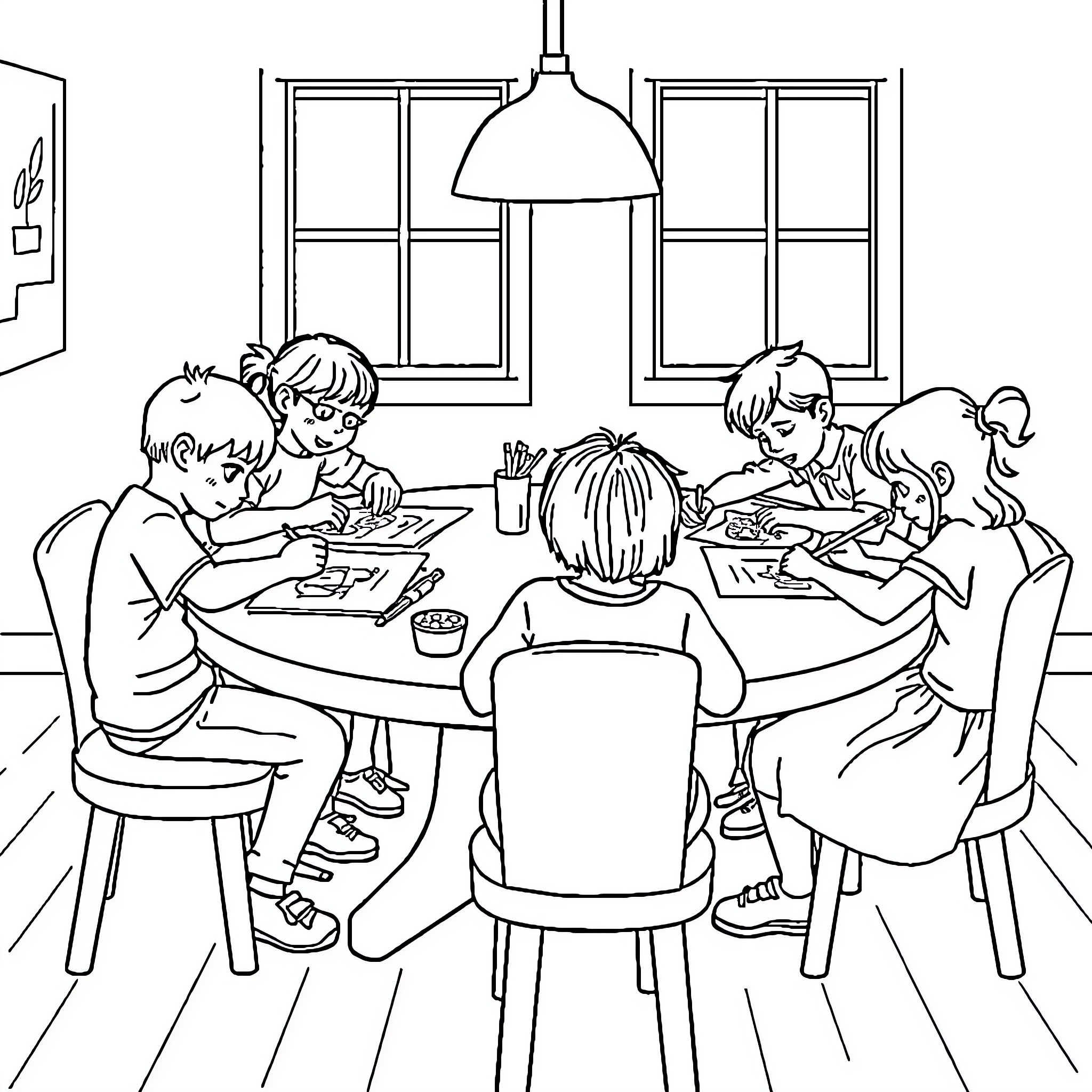 Middle Schoolers Engaged in Group Activities at Home Coloring Page (free black-and-white line drawing printable PDF for all, from beginners to advanced learners, including children, teens, adults, and seniors)