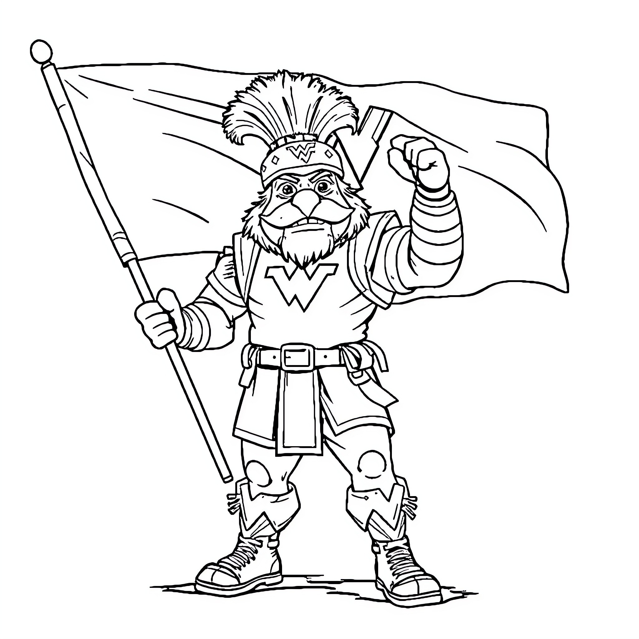 Mountaineer with Flag Waving Triumphantly Coloring Page (free black-and-white line drawing printable PDF for all, from beginners to advanced learners, including children, teens, adults, and seniors)