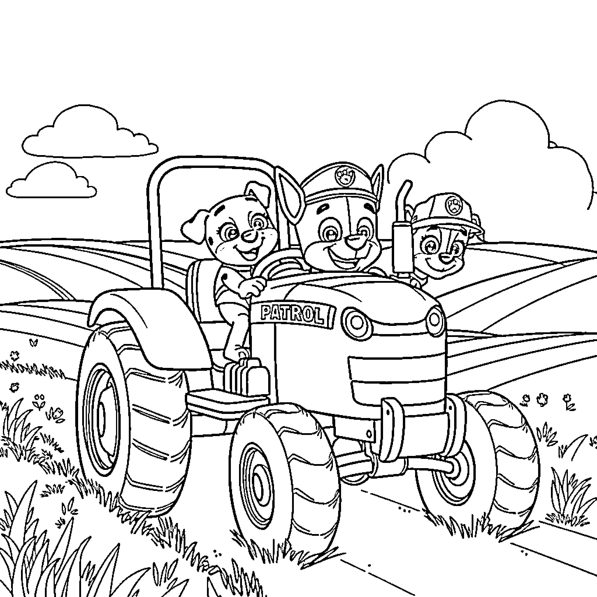 Paw Patrol Pups Riding in Patrol Vehicle Coloring Page (free black-and-white line drawing printable PDF for all, from beginners to advanced learners, including children, teens, adults, and seniors)