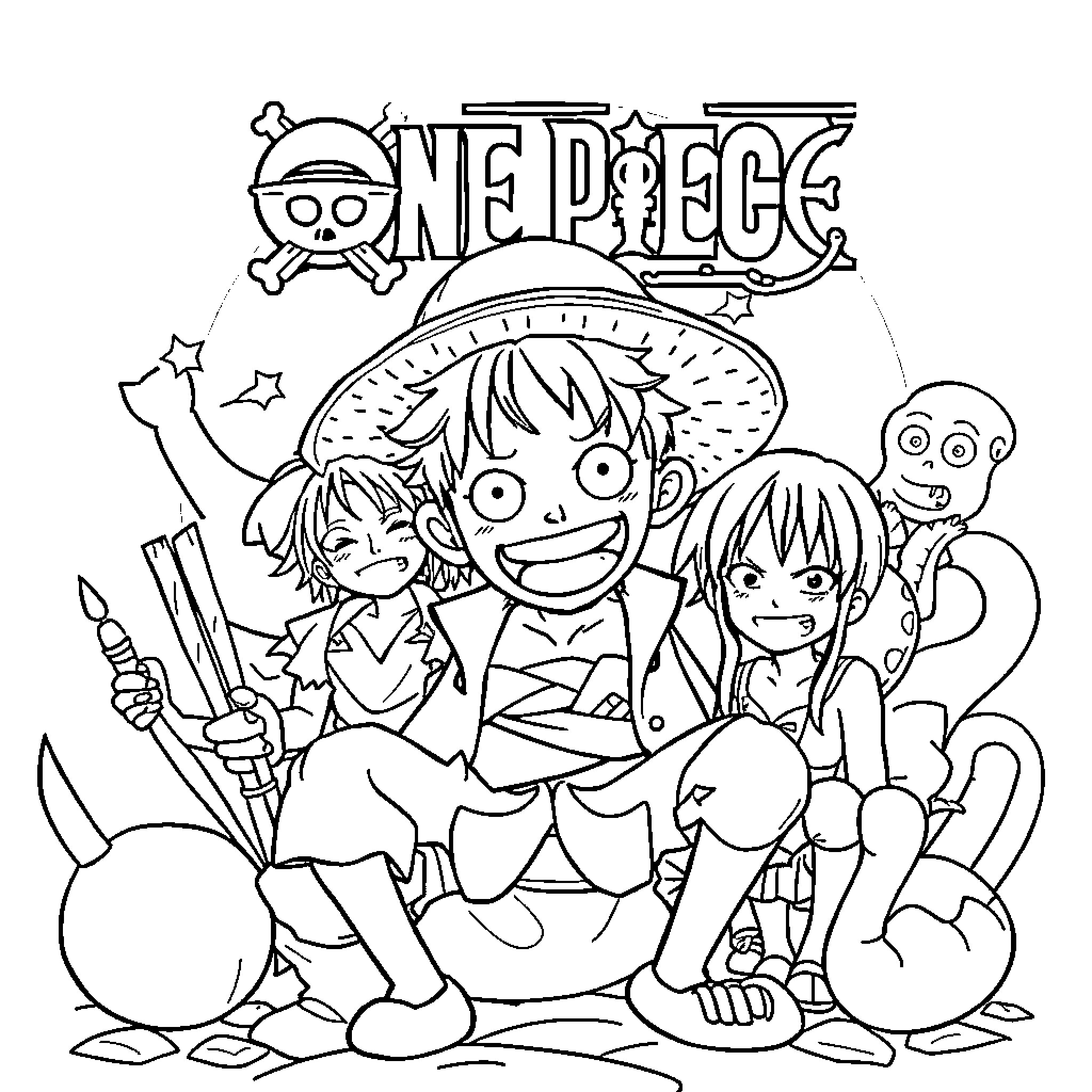 One Piece Characters on an Adventure Coloring Page (free black-and-white line drawing printable PDF for all, from beginners to advanced learners, including children, teens, adults, and seniors)