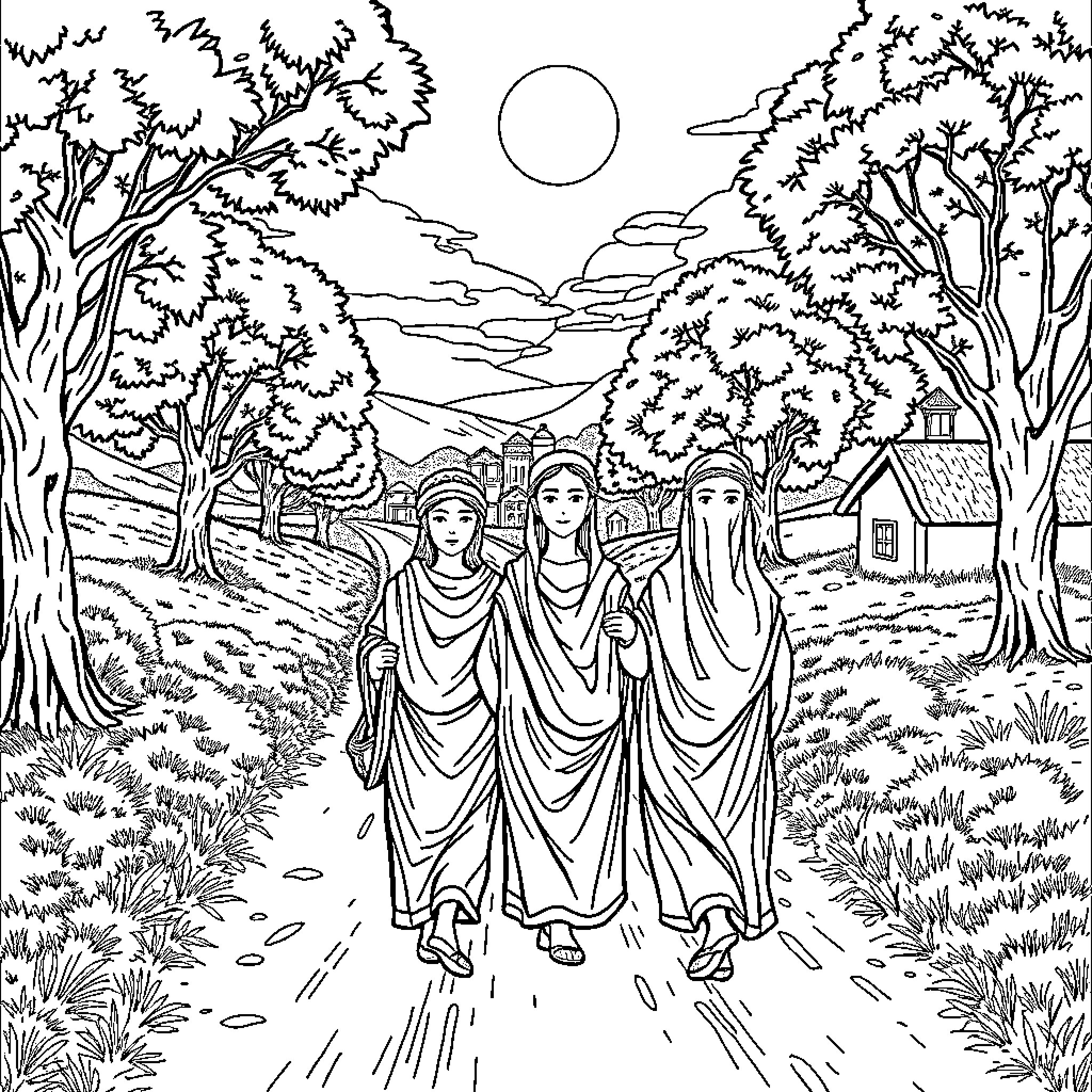Ruth and her sisters take a walk through the countryside Coloring Page (free black-and-white line drawing printable PDF for all, from beginners to advanced learners, including children, teens, adults, and seniors)