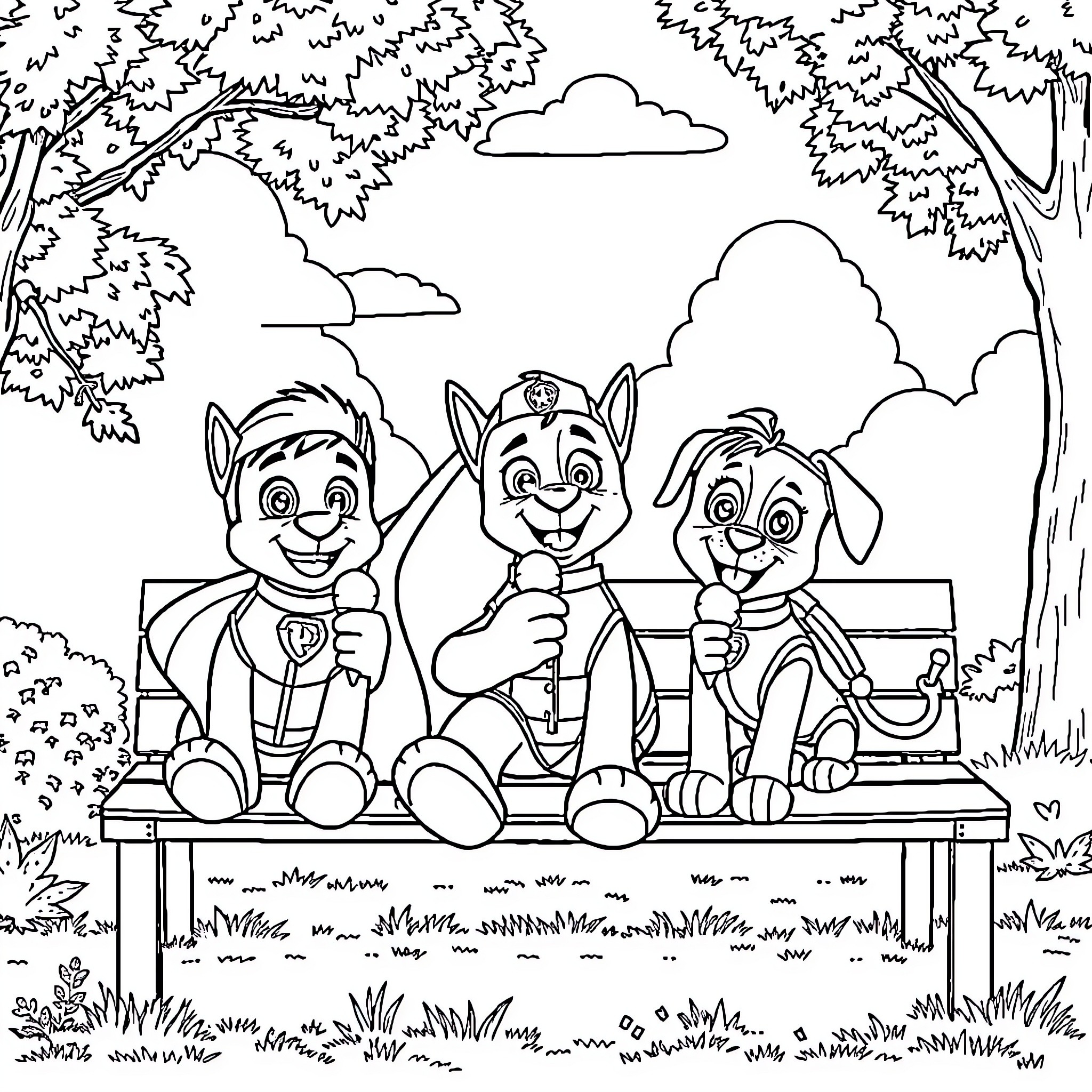 Superman characters playing happily in the park Coloring Page (free black-and-white line drawing printable PDF for all, from beginners to advanced learners, including children, teens, adults, and seniors)