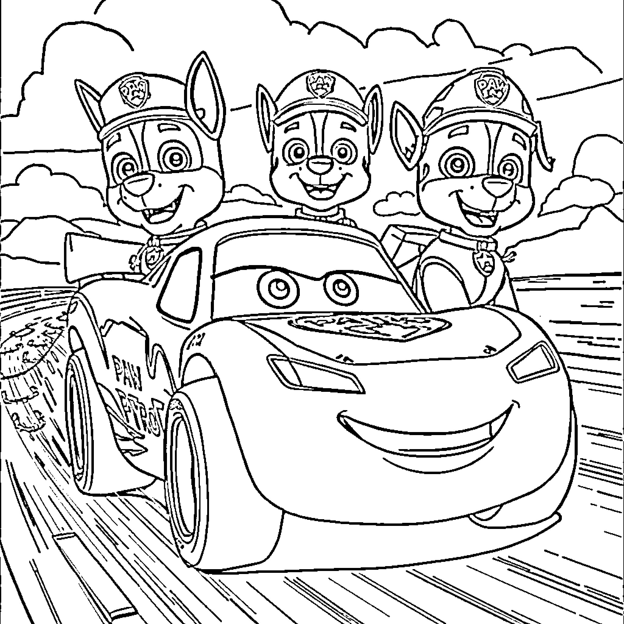 Flash of Pups' Patrol Car Adventure Coloring Page (free black-and-white line drawing printable PDF for all, from beginners to advanced learners, including children, teens, adults, and seniors)